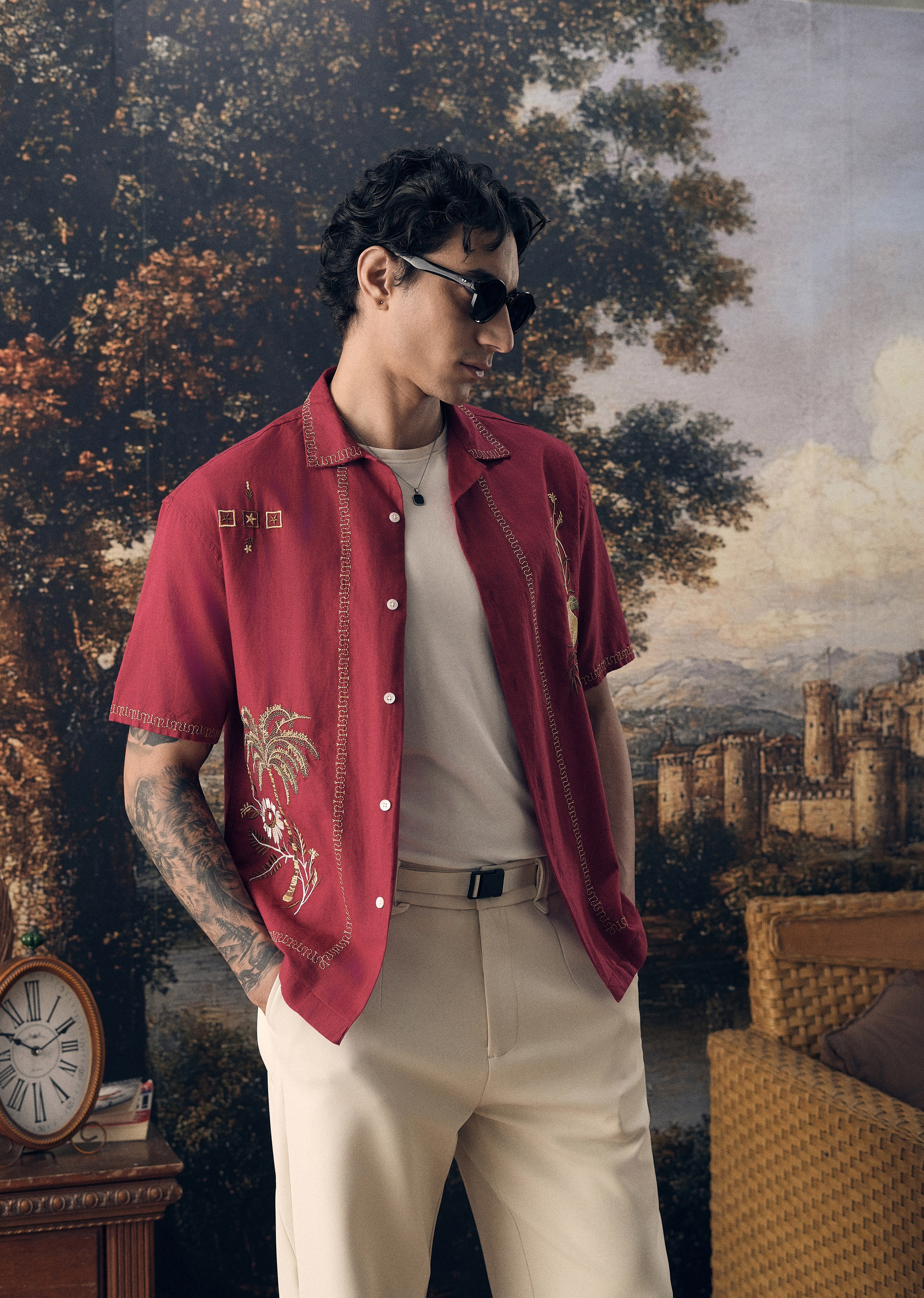 Crimson Red Tropical Embroidered Shirt