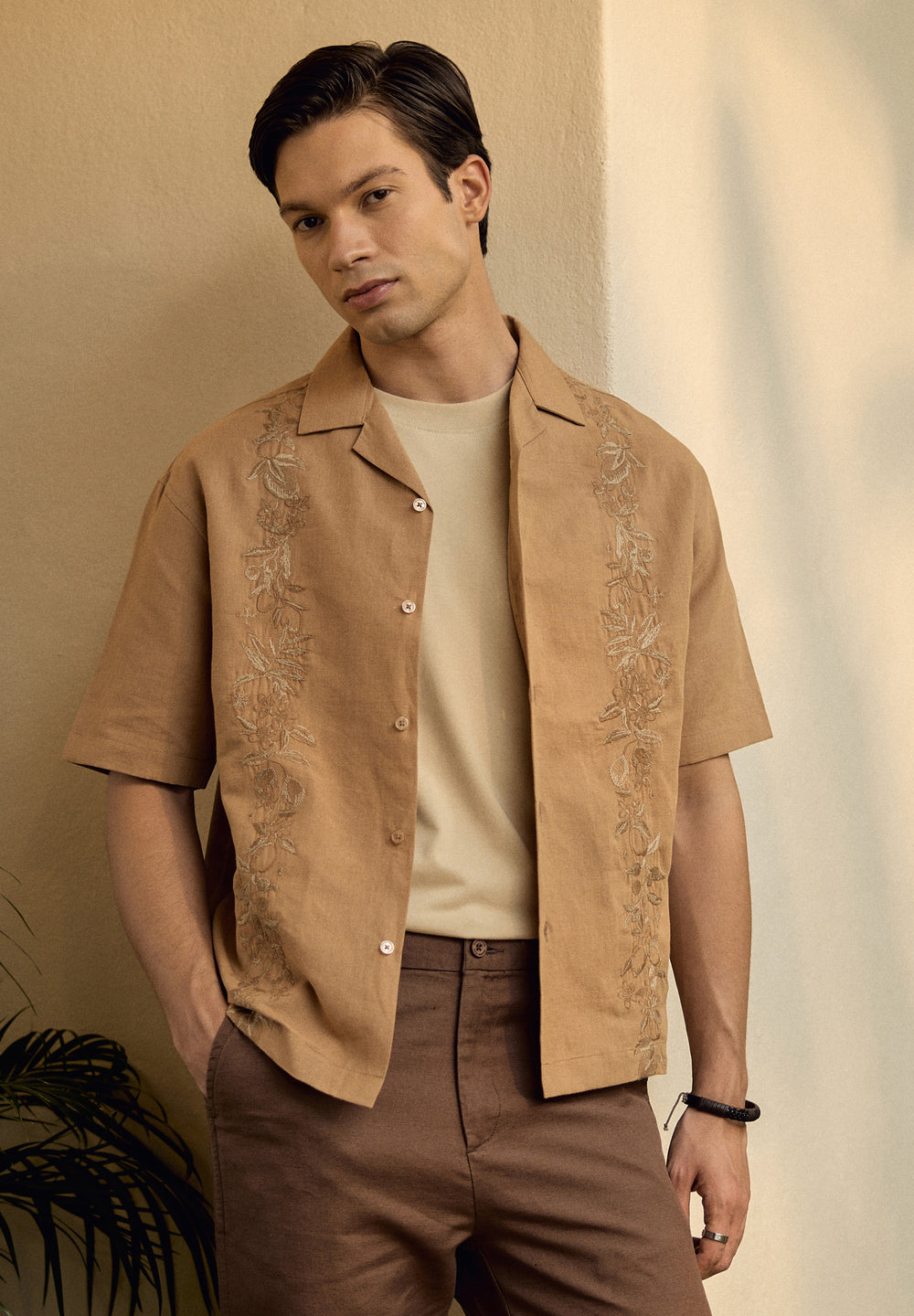 Tan Embroidery Linen Shirt