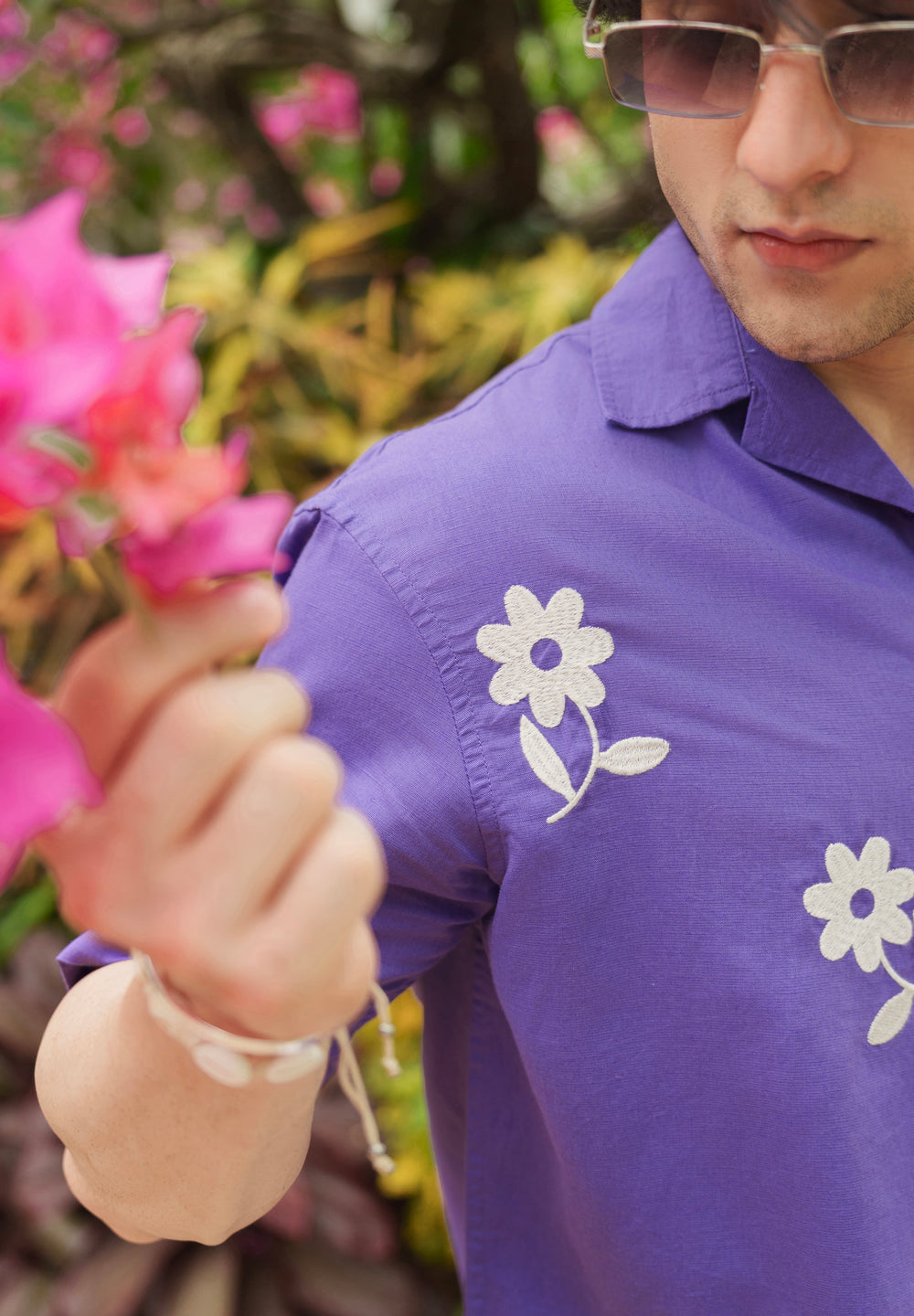 Lavender Floral Placement Embroidered Shirt
