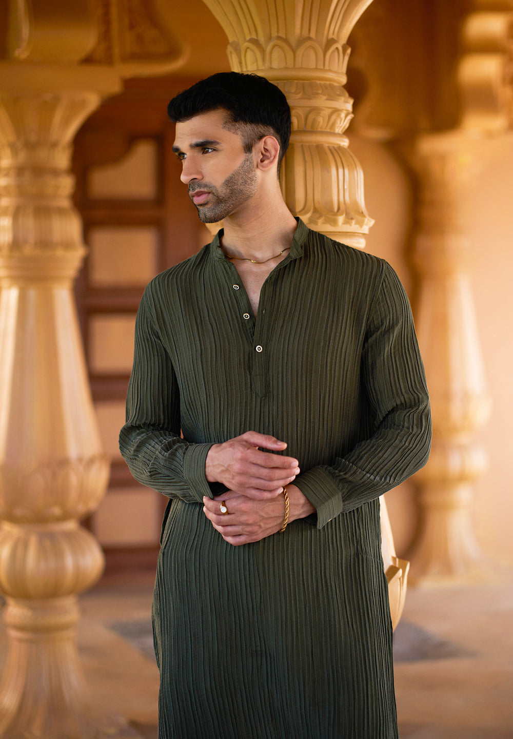 Green Crinkled Stripe Kurta