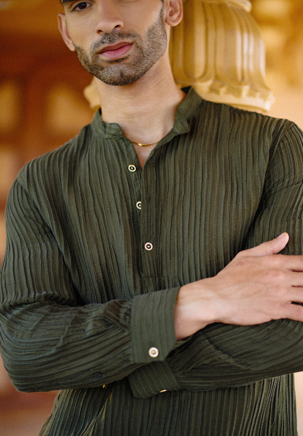 Green Crinkled Stripe Kurta