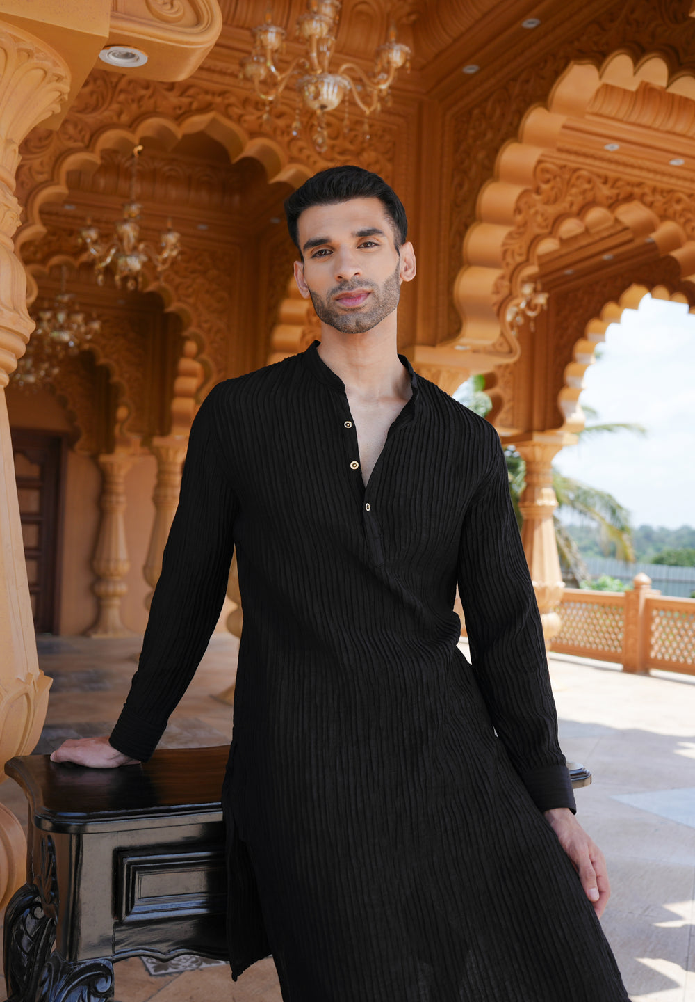 Black Crinkled Stripe Kurta