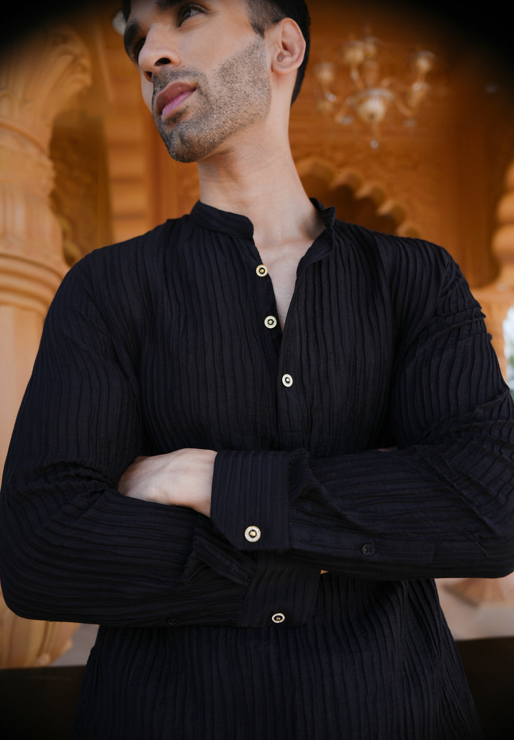 Black Crinkled Stripe Kurta