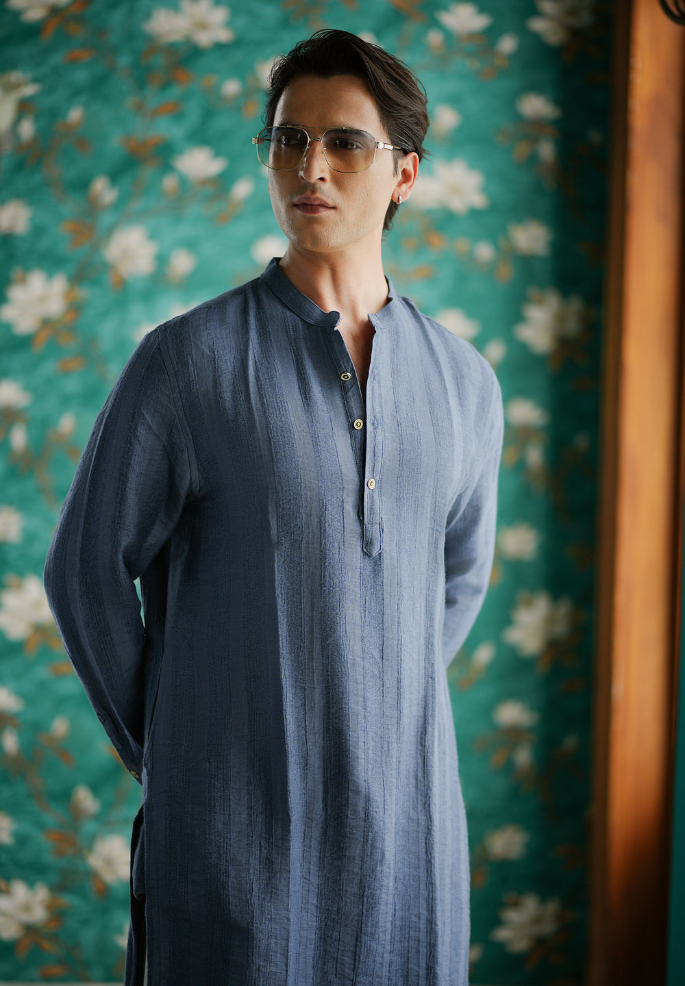 Sapphire Blue Textured Vertical Stripe Kurta