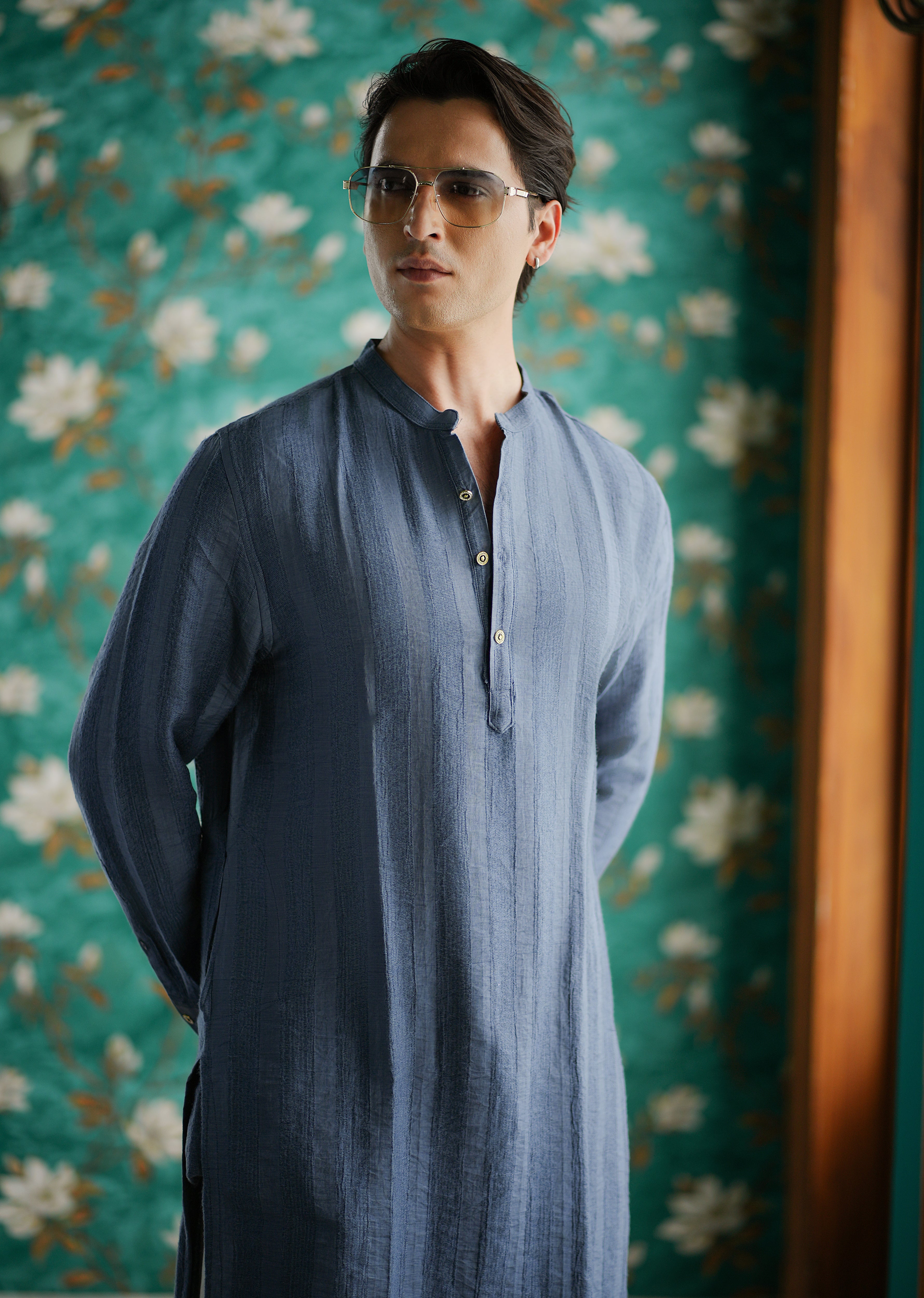Sapphire Blue Textured Vertical Stripe Kurta