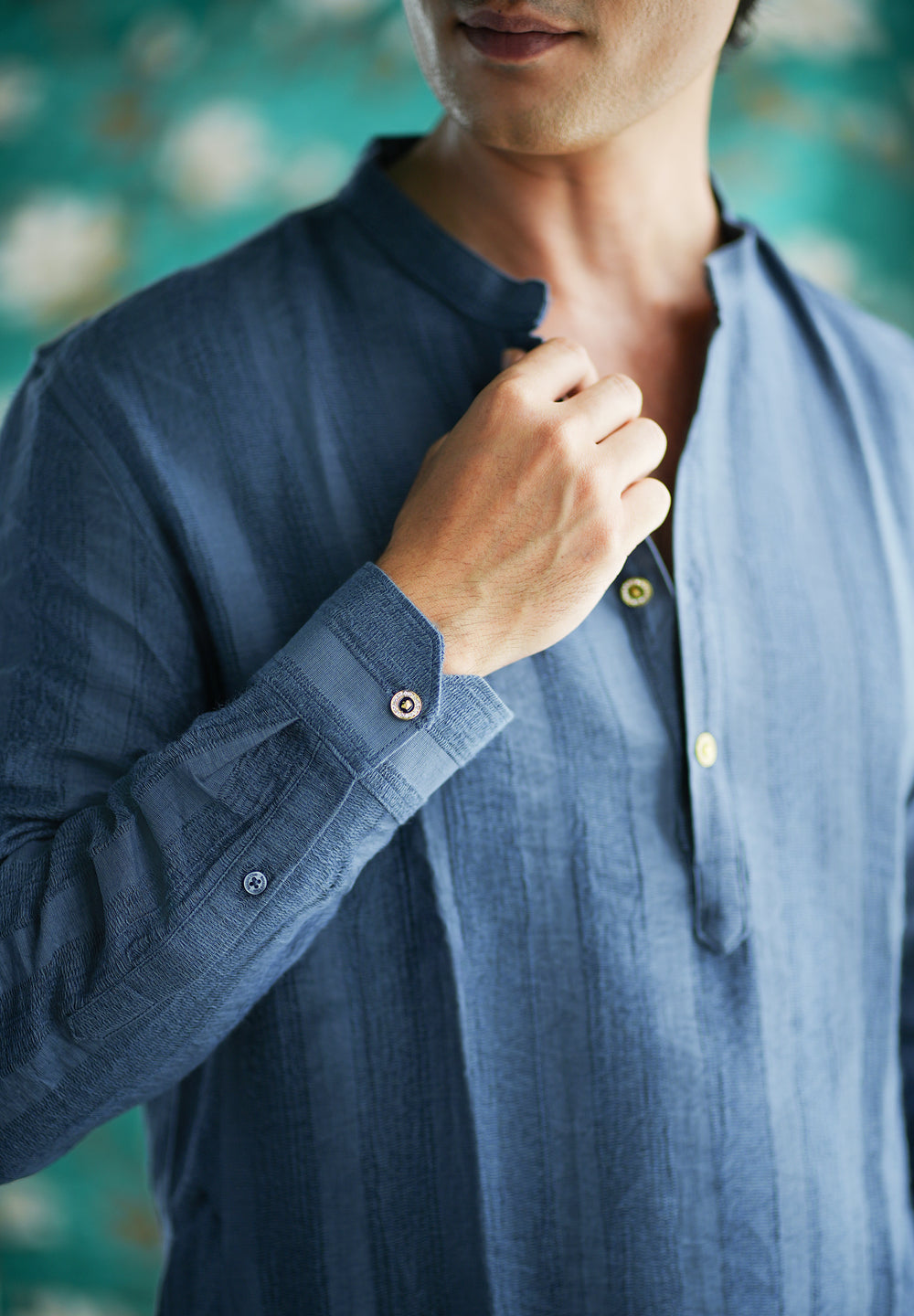 Sapphire Blue Textured Vertical Stripe Kurta
