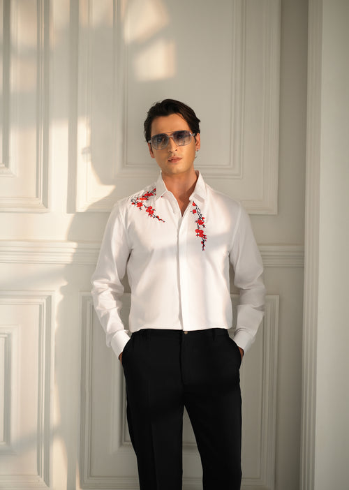 White Blossom Embroidered Designer Shirt
