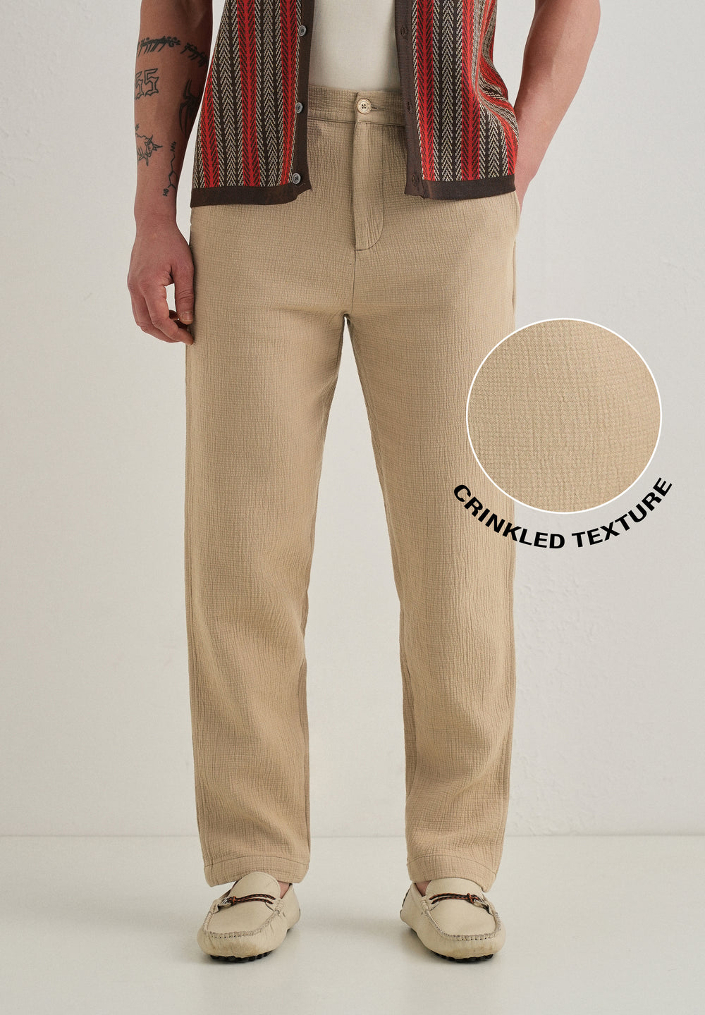 Dark Beige Crinkled Cotton Trouser