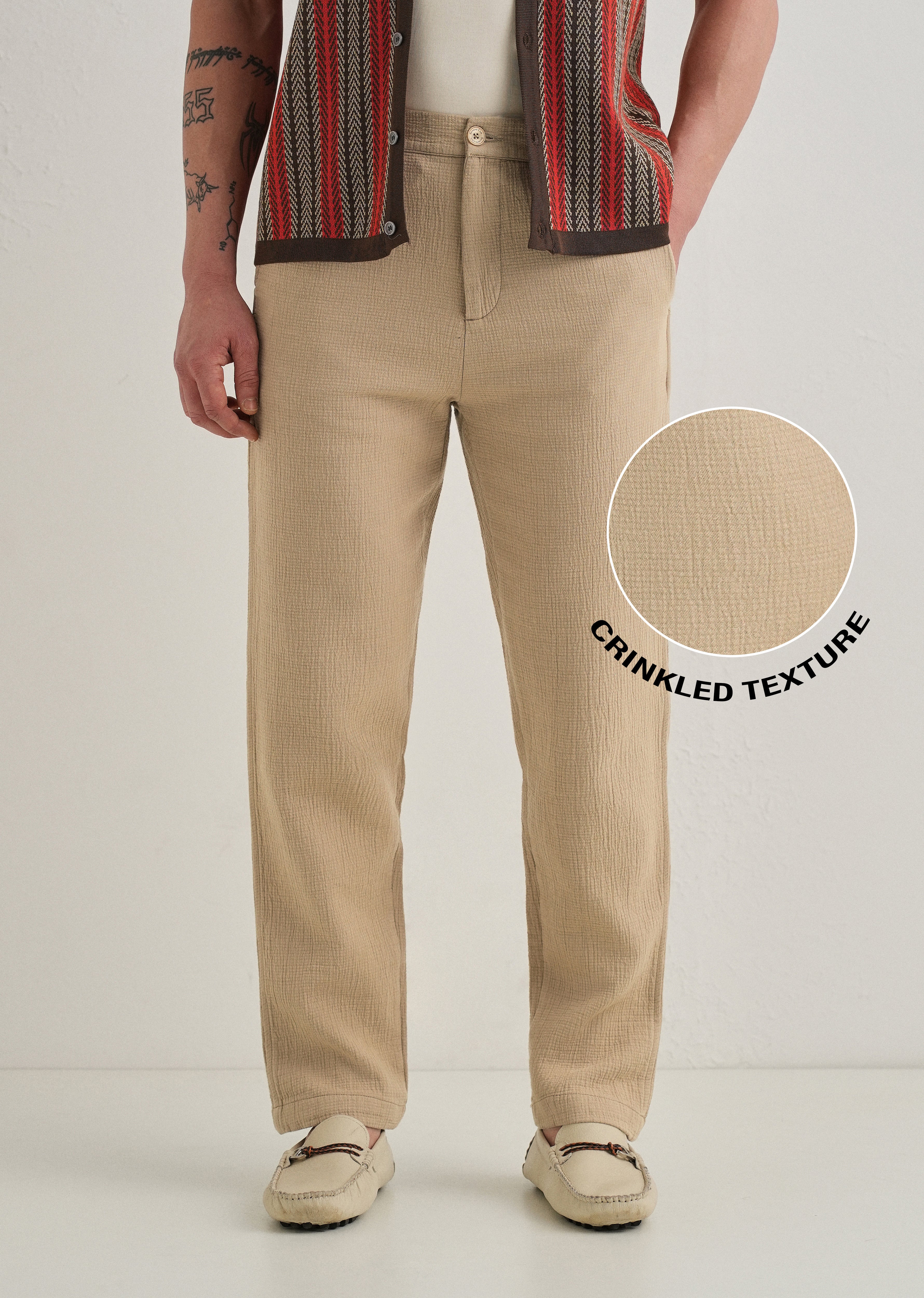 Dark Beige Crinkled Cotton Trouser
