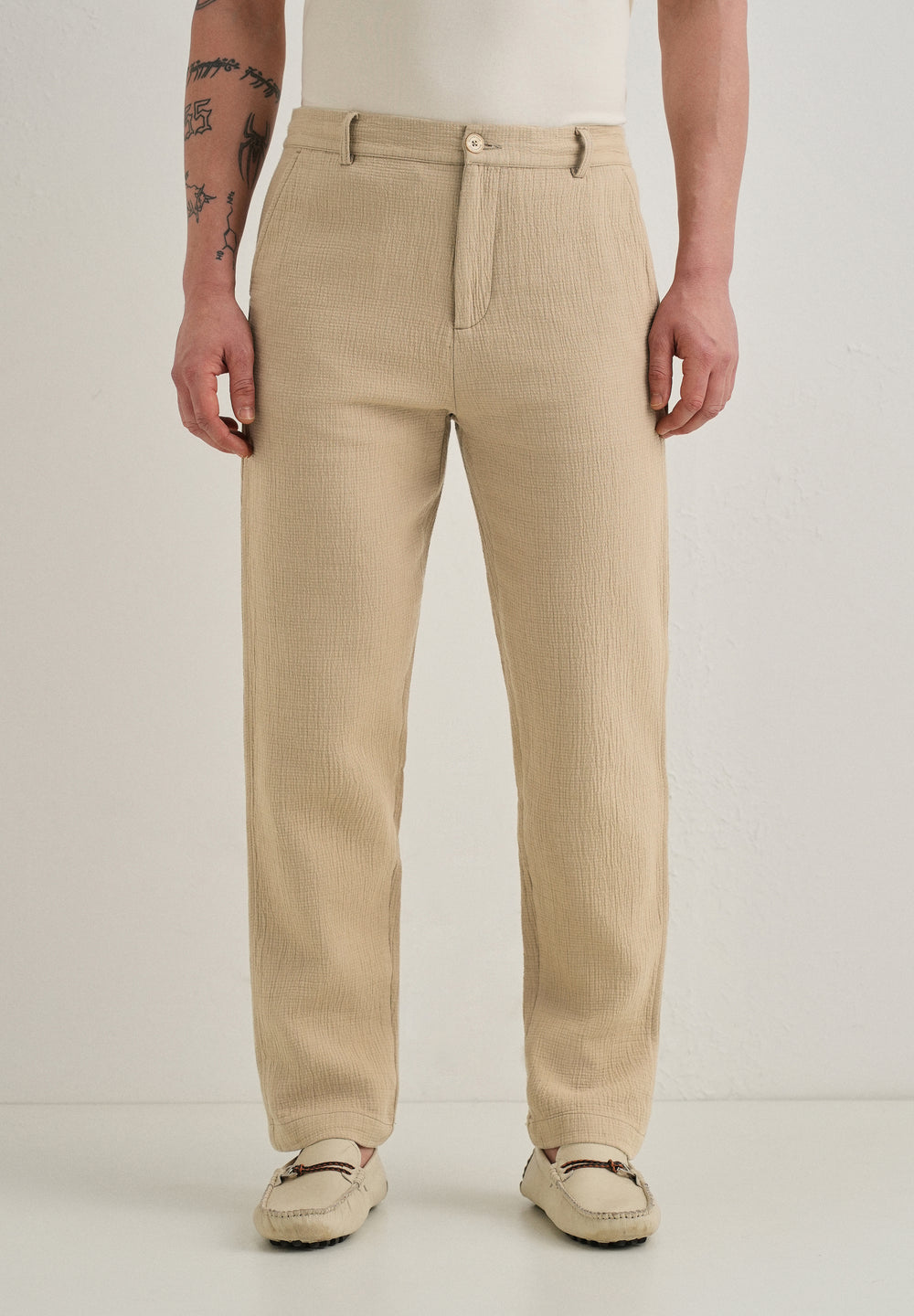 Dark Beige Crinkled Cotton Trouser