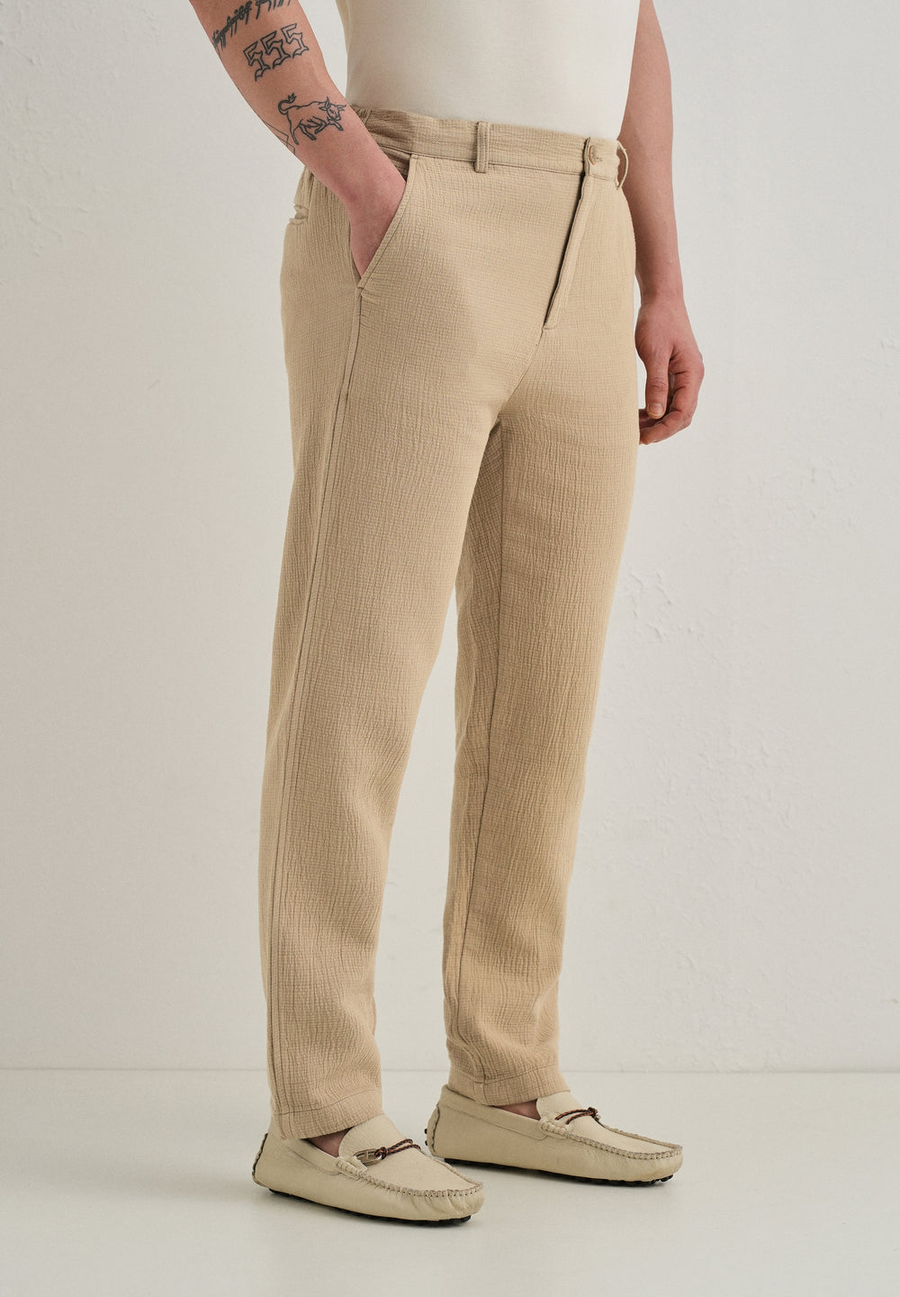 Dark Beige Crinkled Cotton Trouser