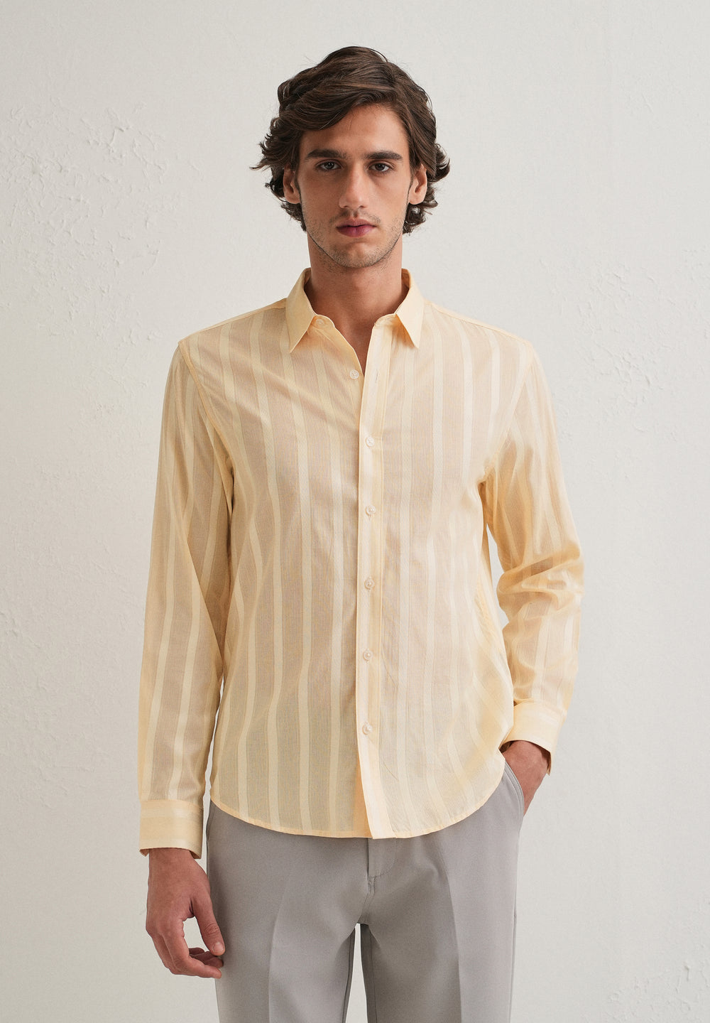 Dark Beige Self Pattern Blended Cotton Shirt