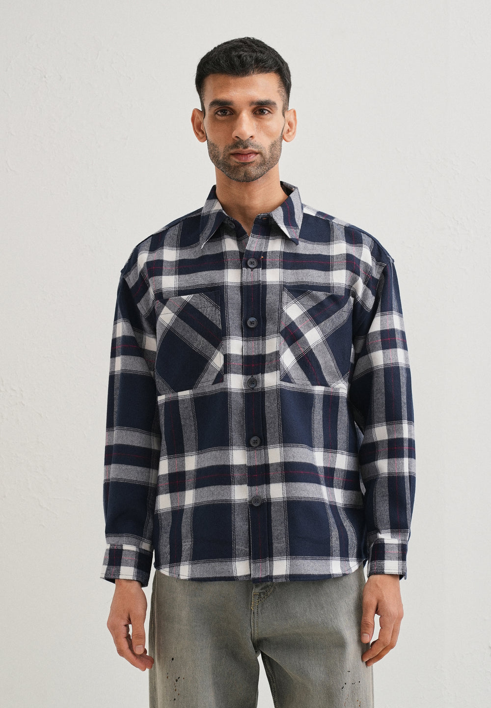 Dark Blue Checked Relaxed Fit Shacket