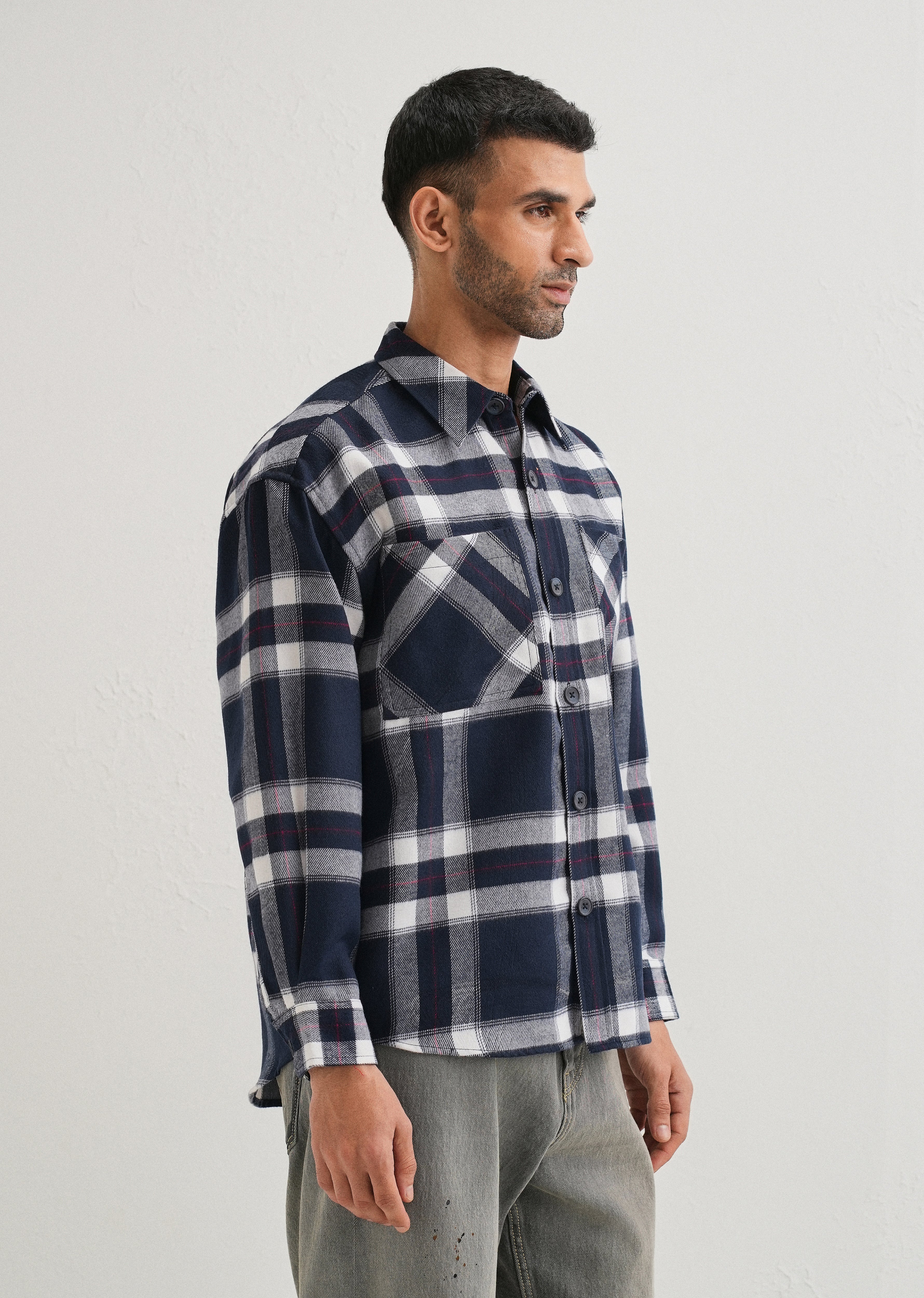 Dark Blue Checked Relaxed Fit Shacket