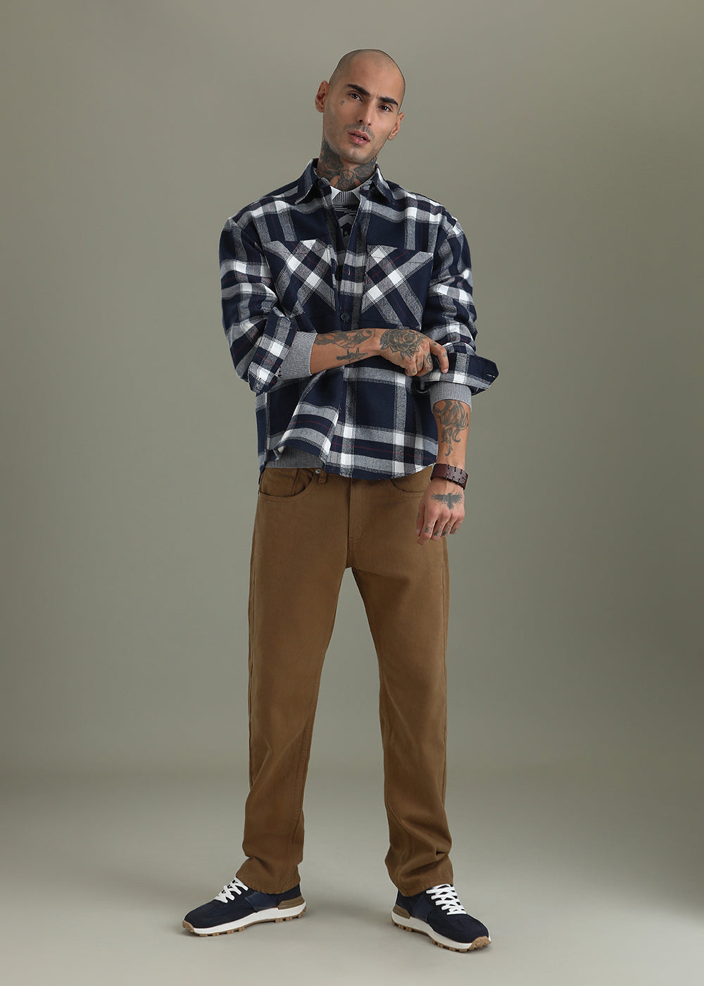 Dark Blue Checked Relaxed Fit Shacket