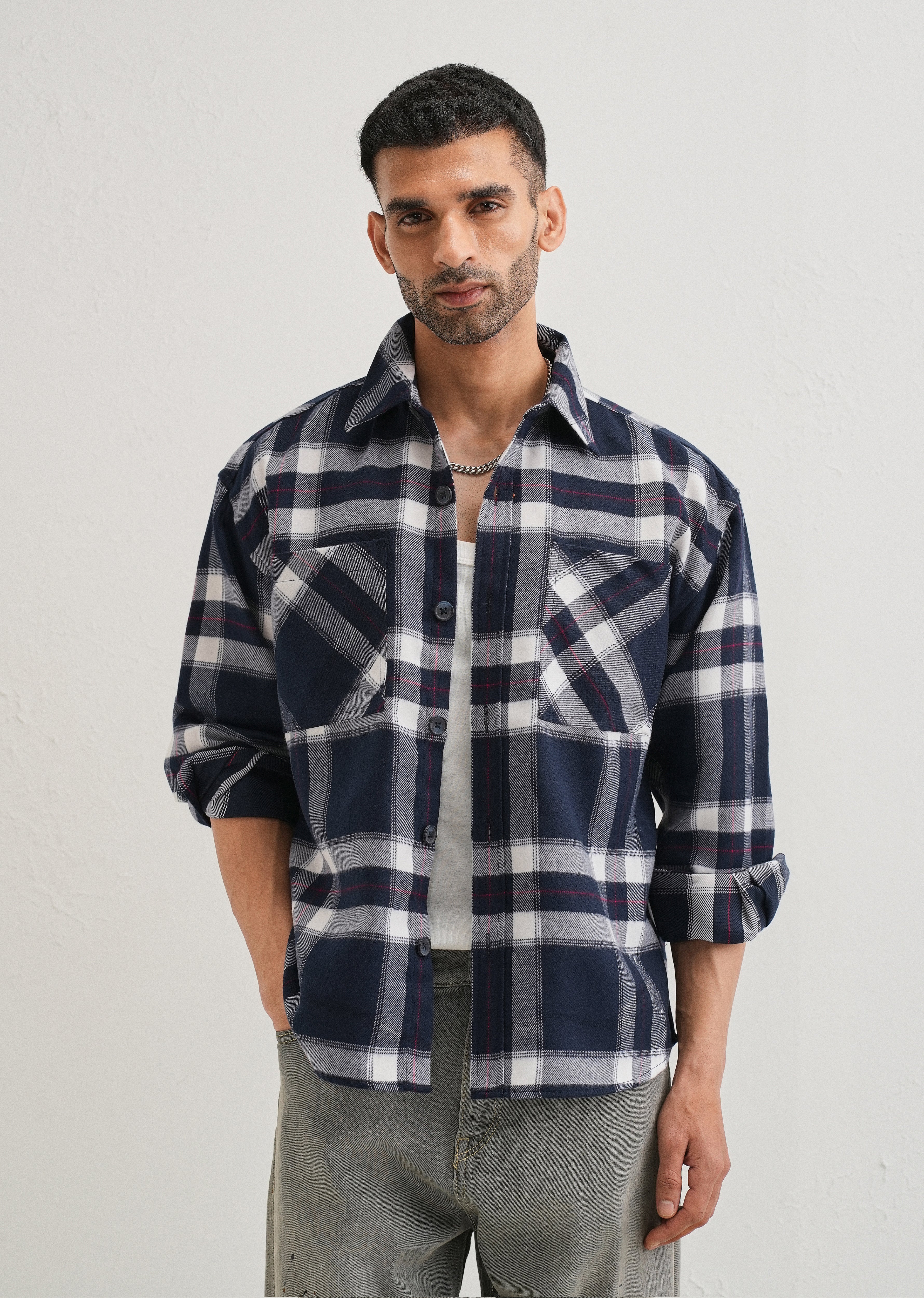 Dark Blue Checked Relaxed Fit Shacket
