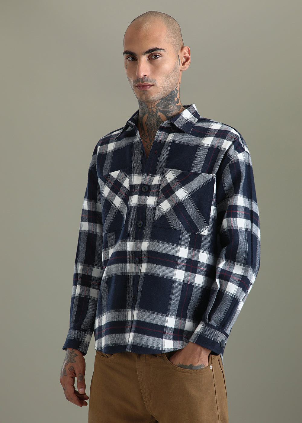 Dark Blue Checked Relaxed Fit Shacket