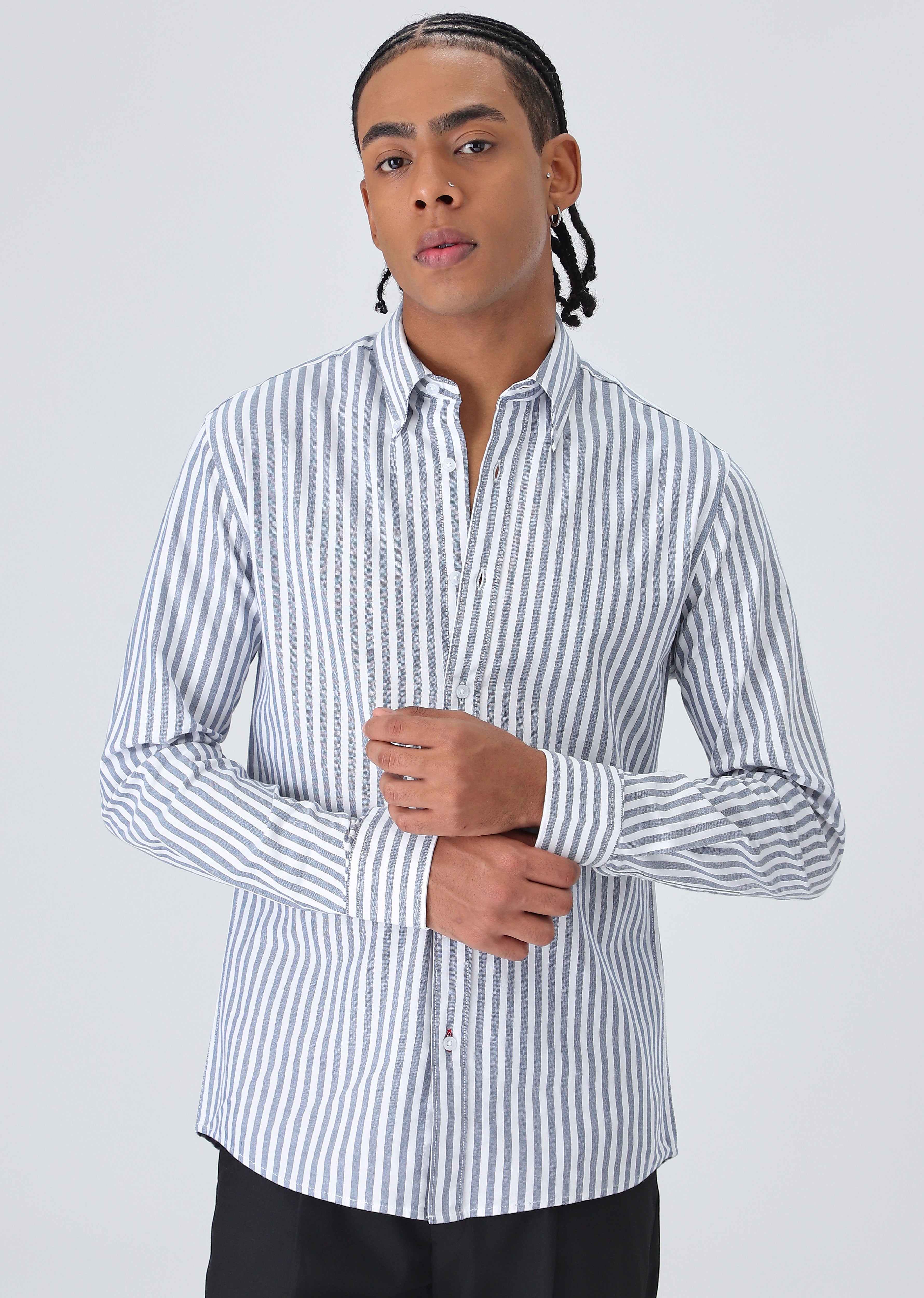 Dark Blue Cotton Oxford Stripe Shirt