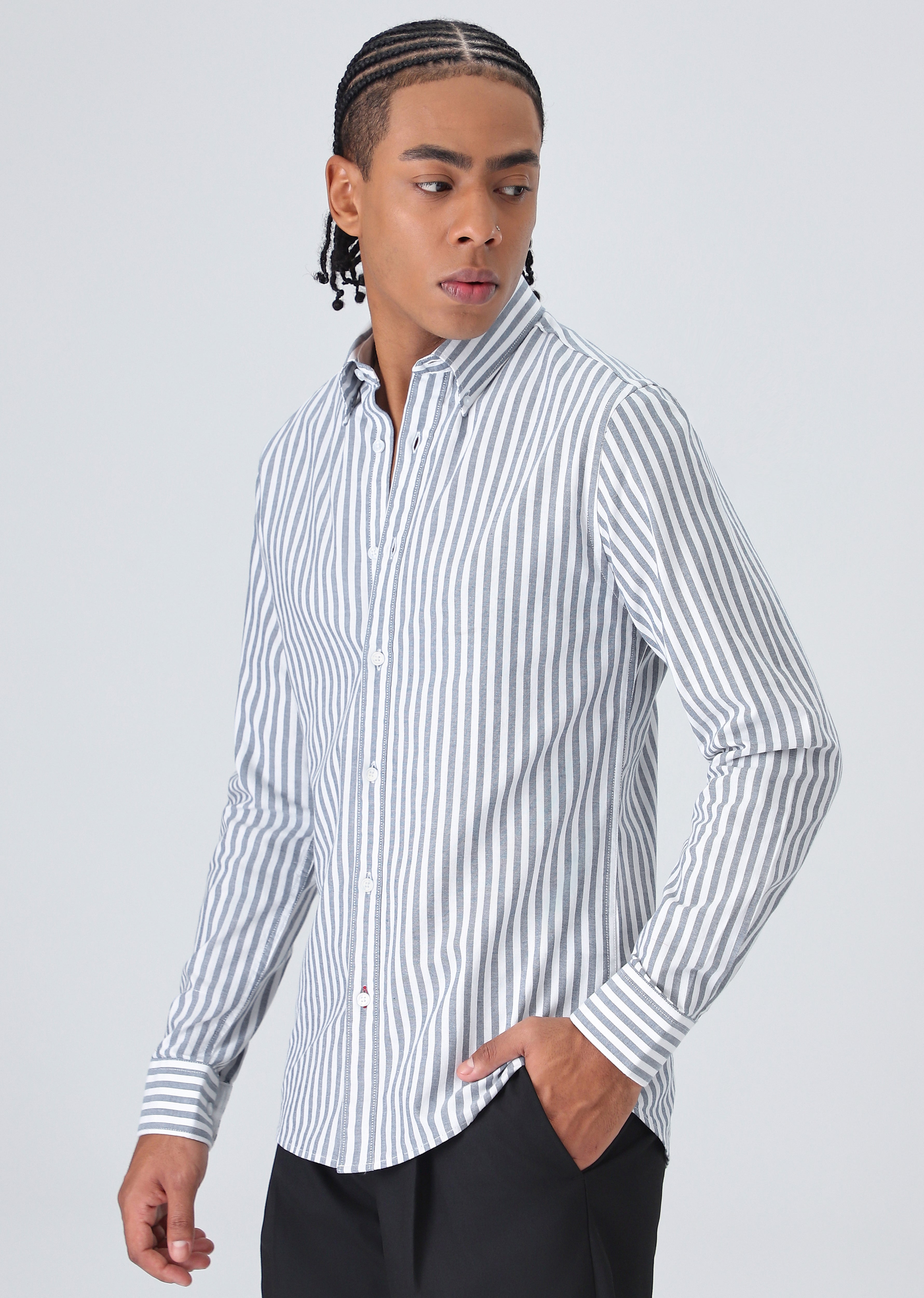 Dark Blue Cotton Oxford Stripe Shirt