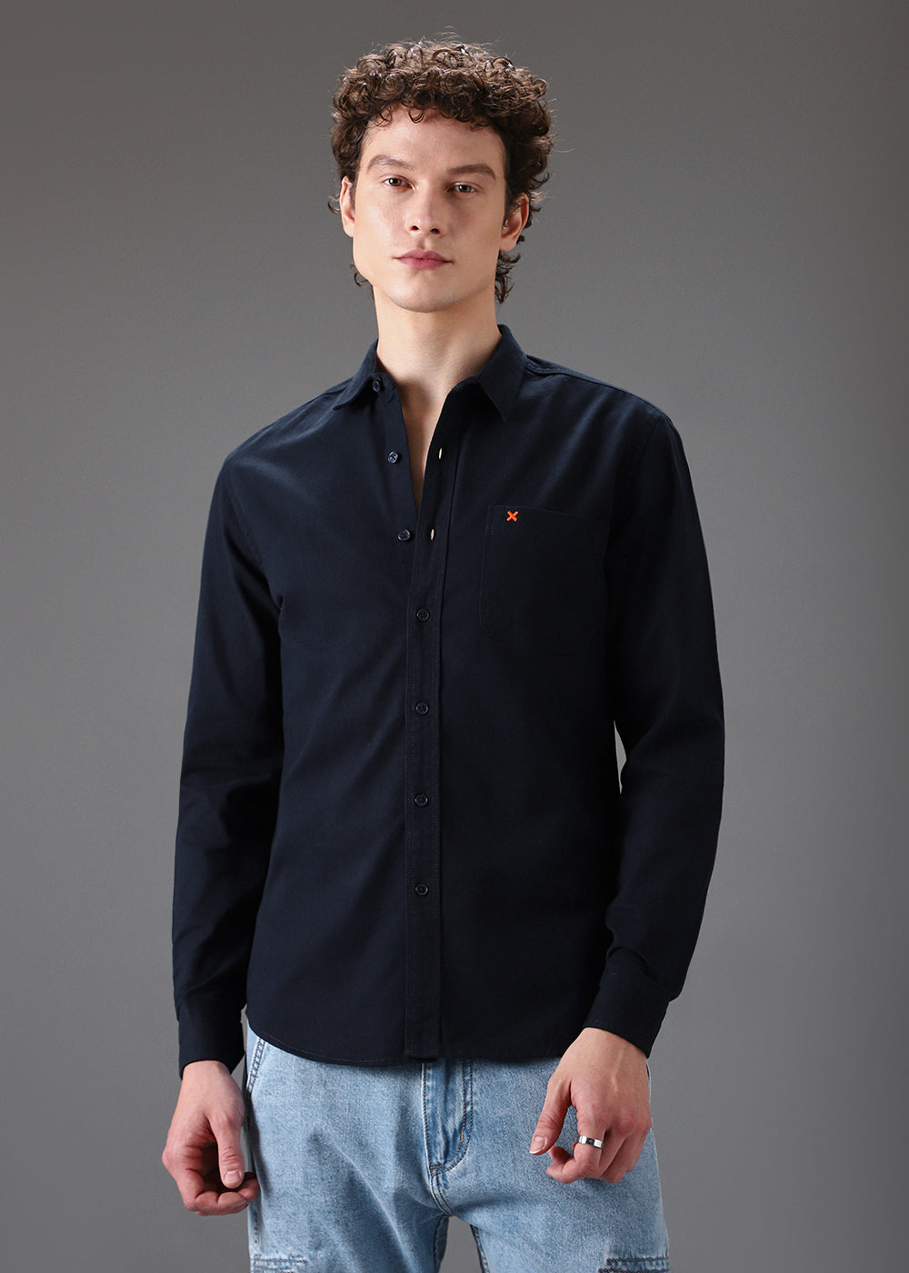 Dark Blue Cotton Single Pocket Shirt