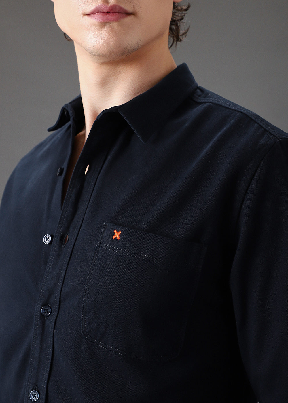 Dark Blue Cotton Single Pocket Shirt