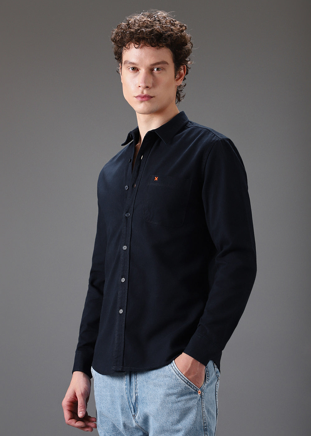 Dark Blue Cotton Single Pocket Shirt