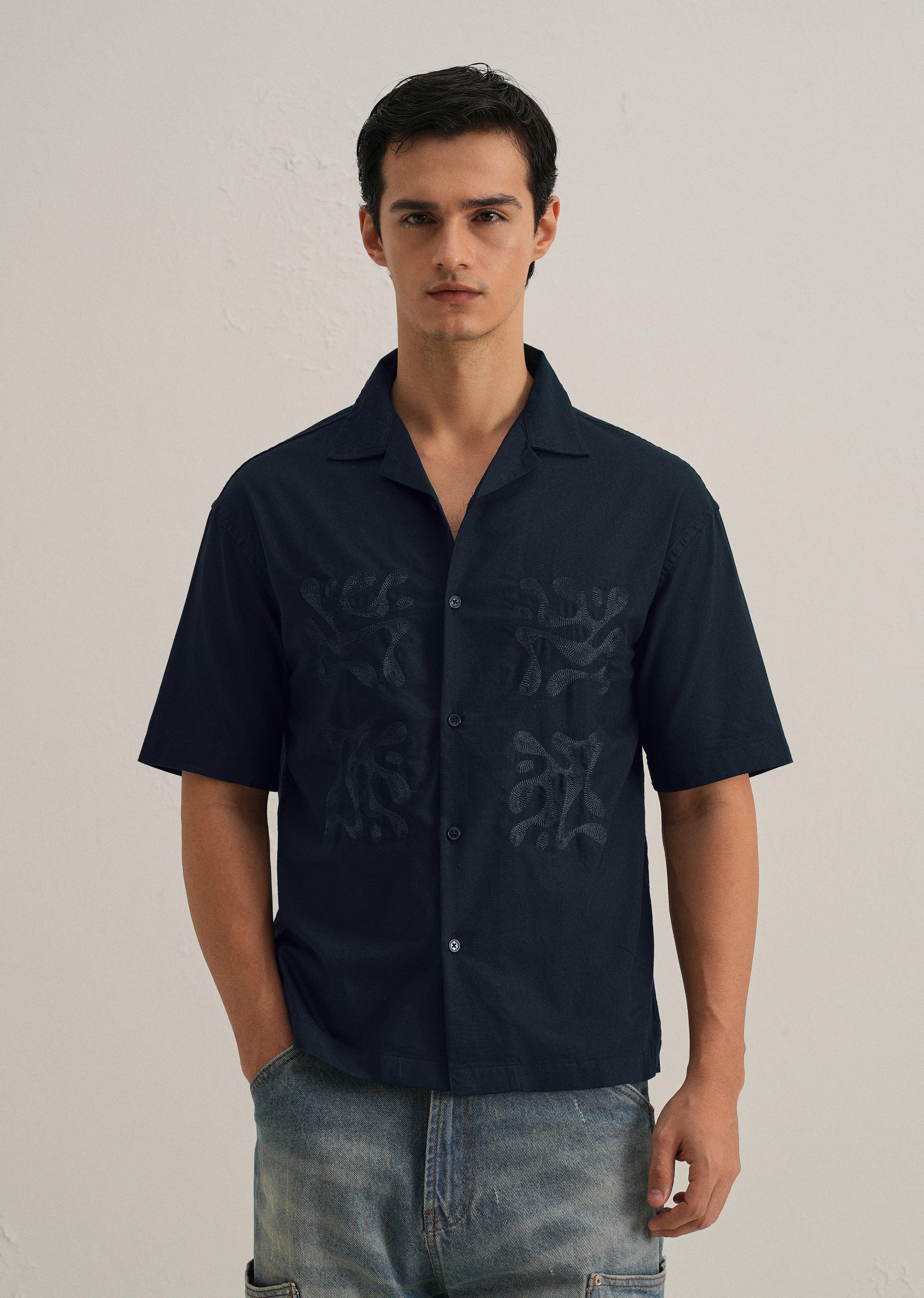 Dark Blue Embroidery Cuban Collar Cotton Shirt
