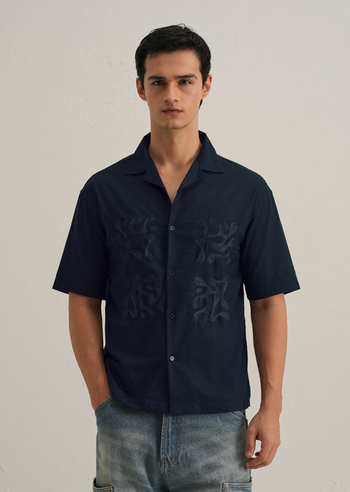 Dark Blue Embroidery Cuban Collar Cotton Shirt