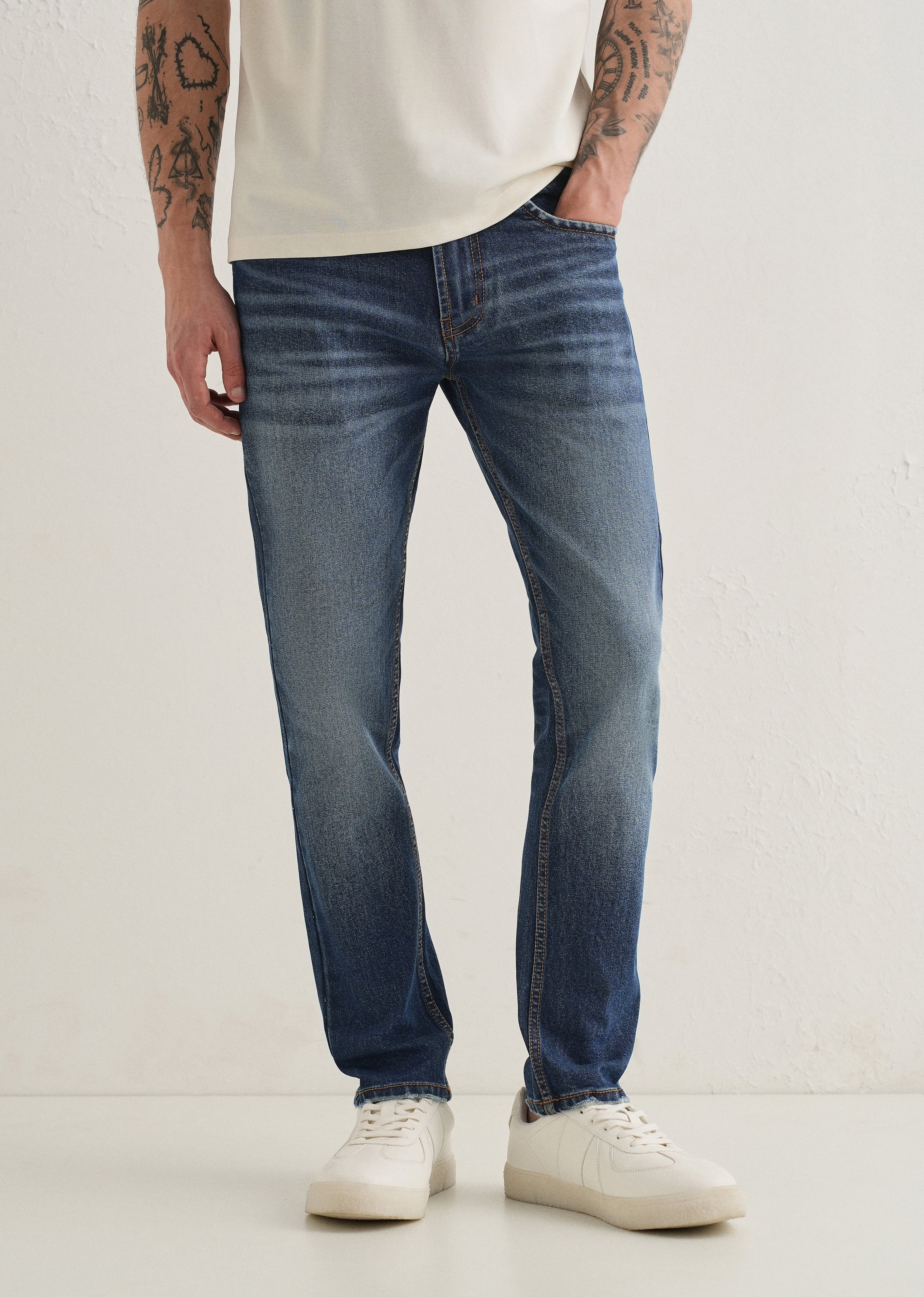 Dark Blue Faded Ankle Slim Fit Jeans