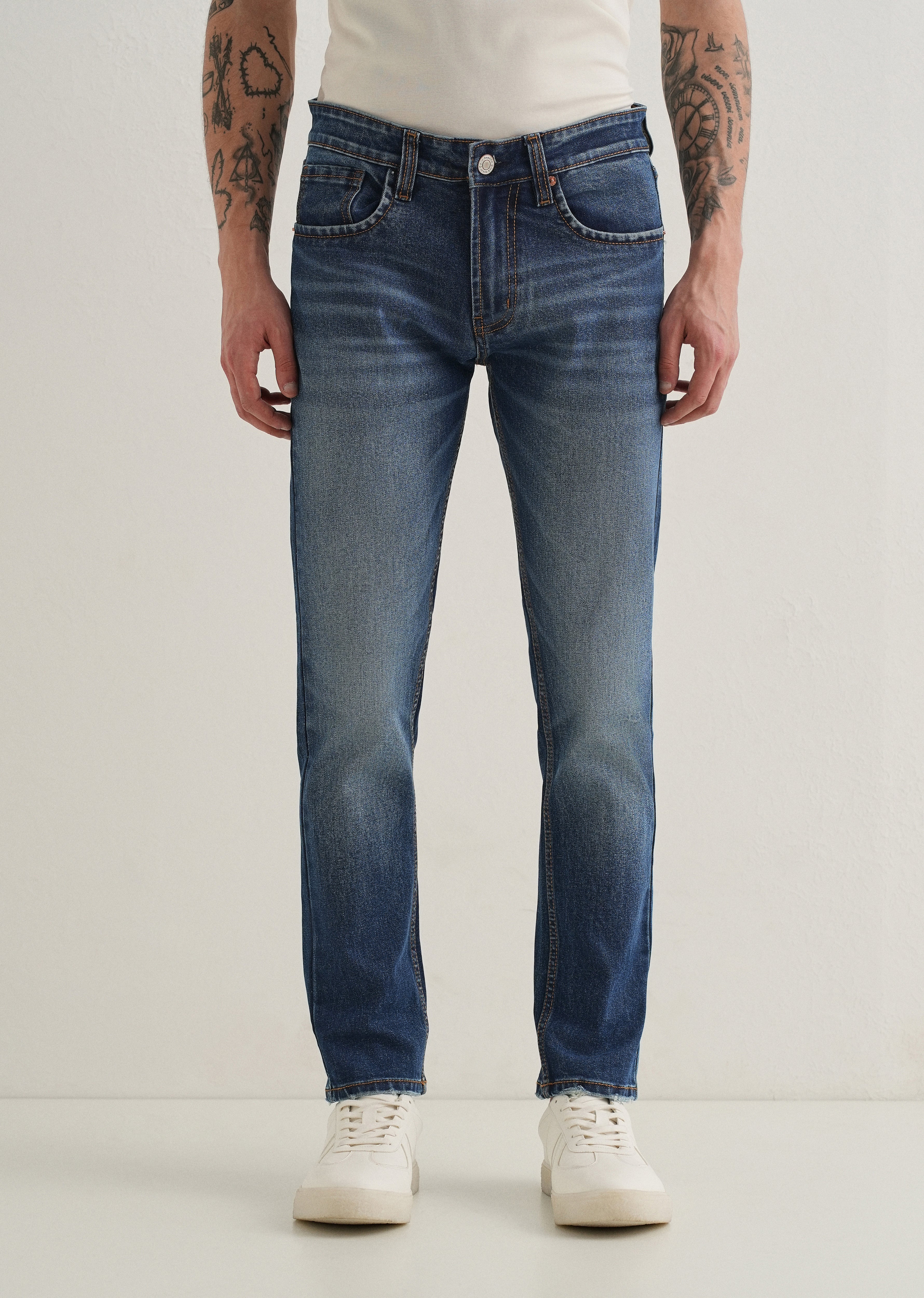 Dark Blue Faded Ankle Slim Fit Jeans