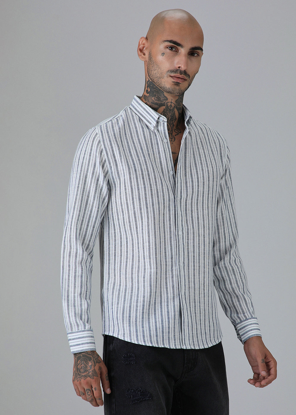 Dark Blue Linen Stripe Shirt