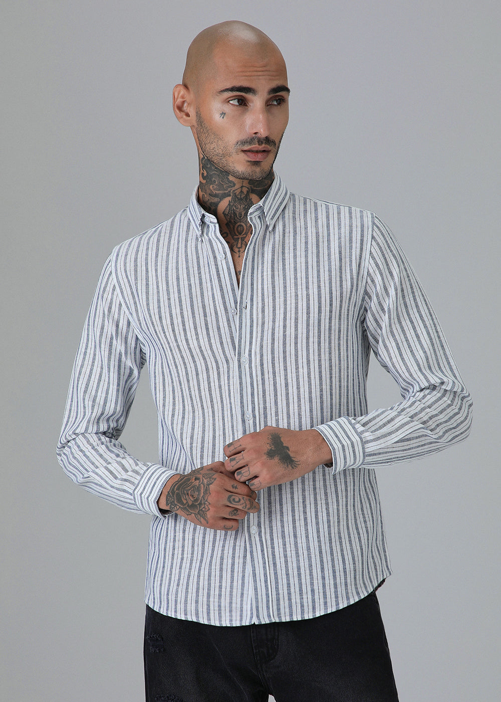 Dark Blue Linen Stripe Shirt