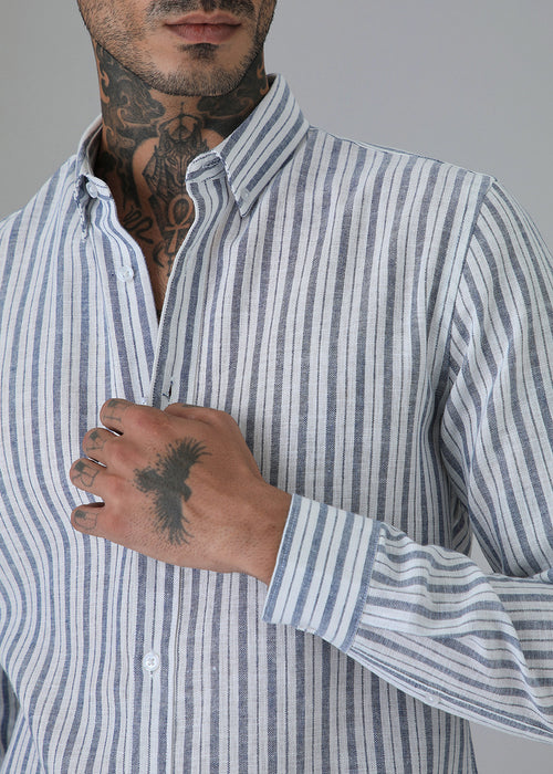 Dark Blue Linen Stripe Shirt