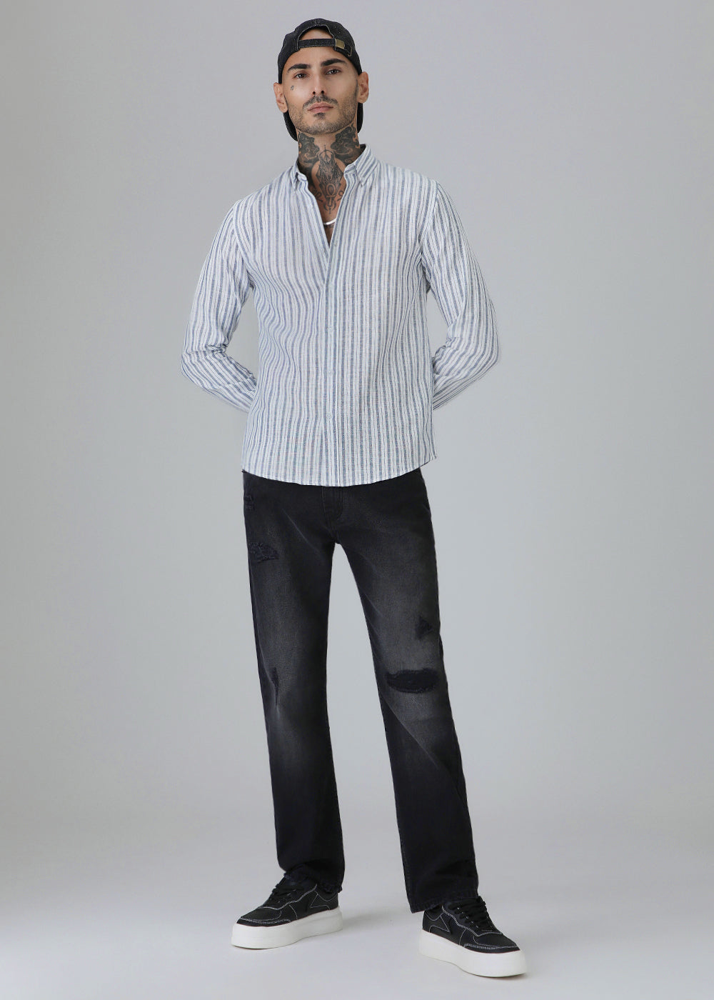 Dark Blue Linen Stripe Shirt