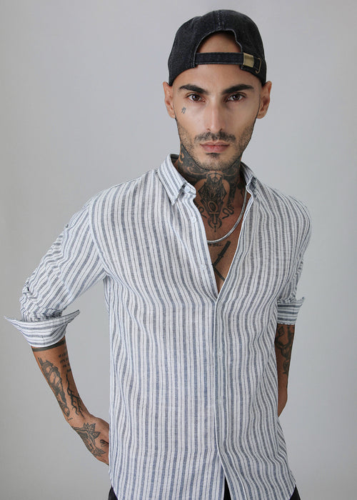 Dark Blue Linen Stripe Shirt