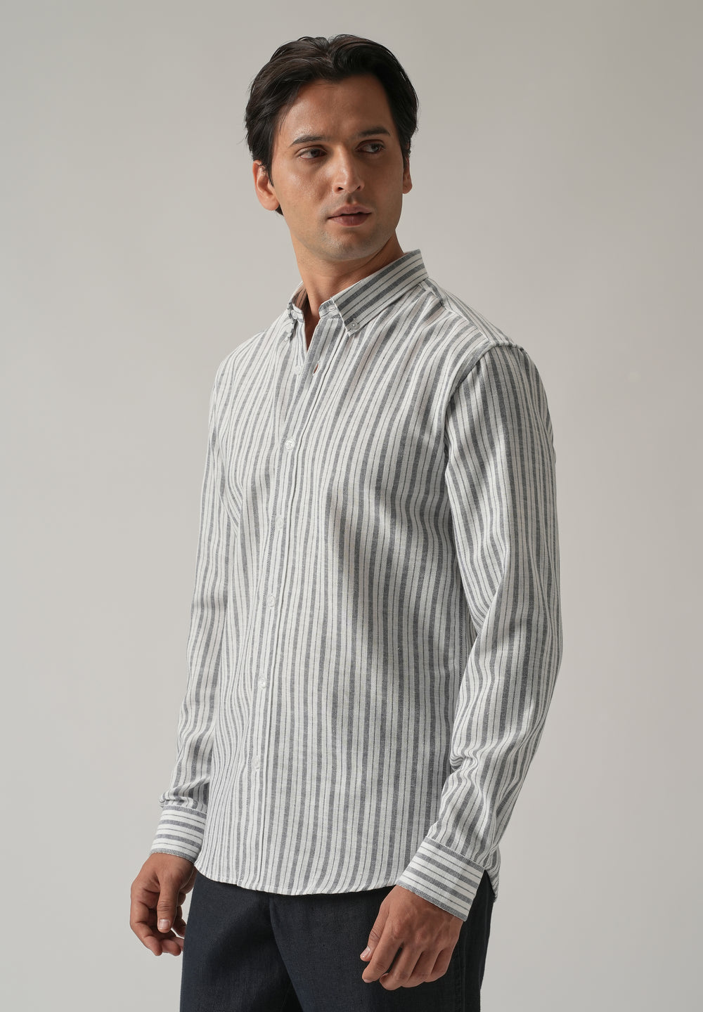 Dark Blue Linen Stripe Shirt