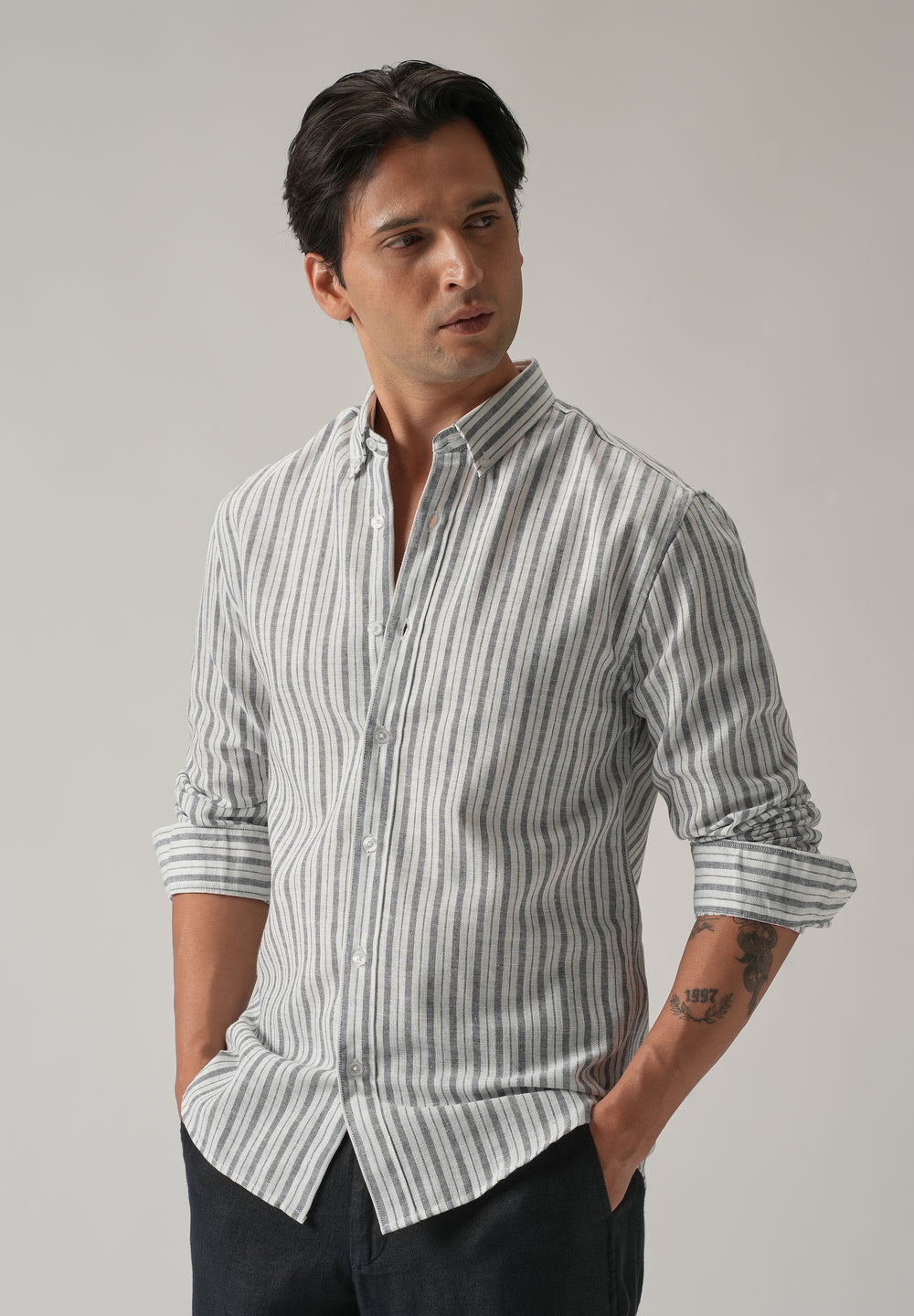 Dark Blue Linen Stripe Shirt