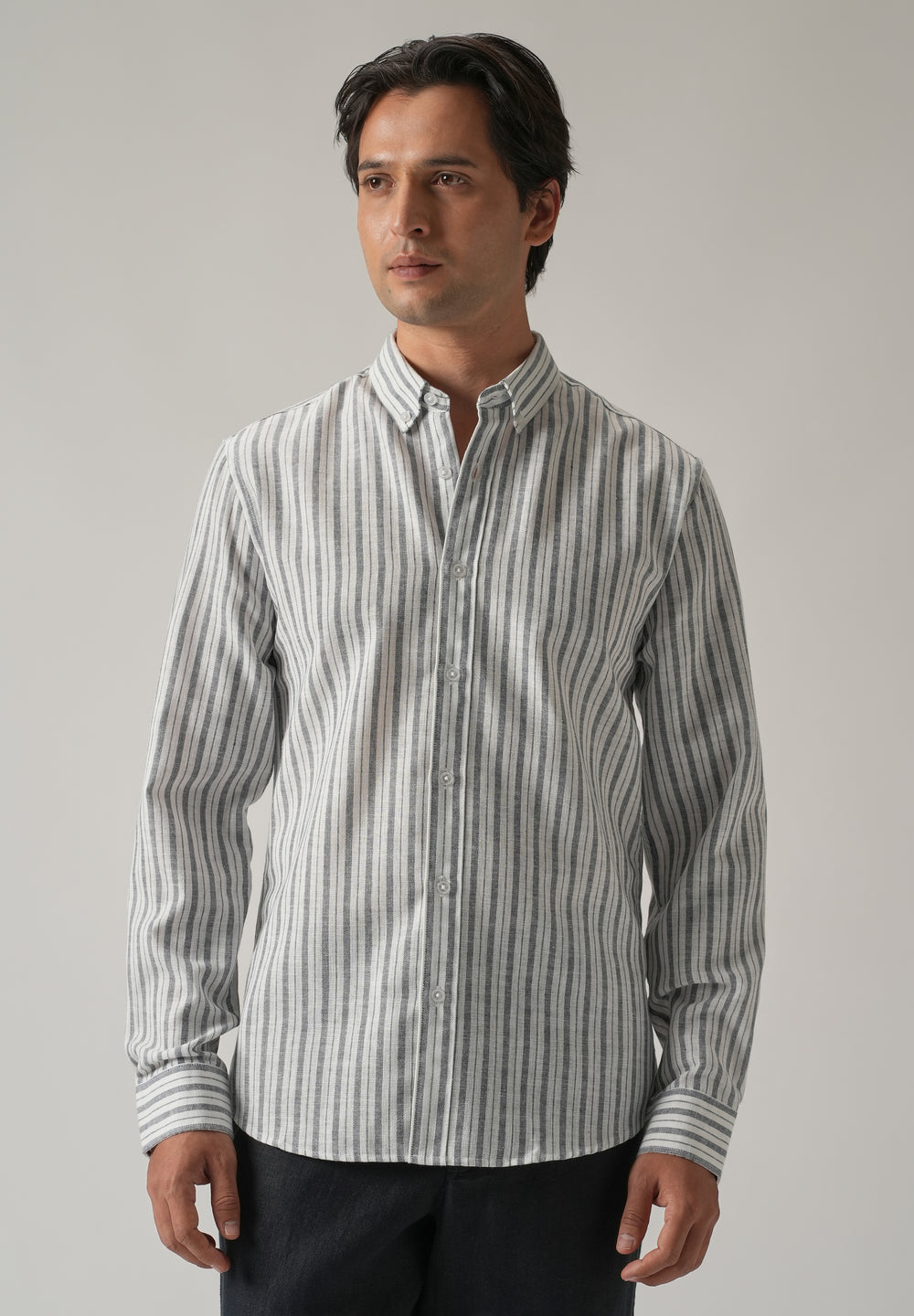Dark Blue Linen Stripe Shirt