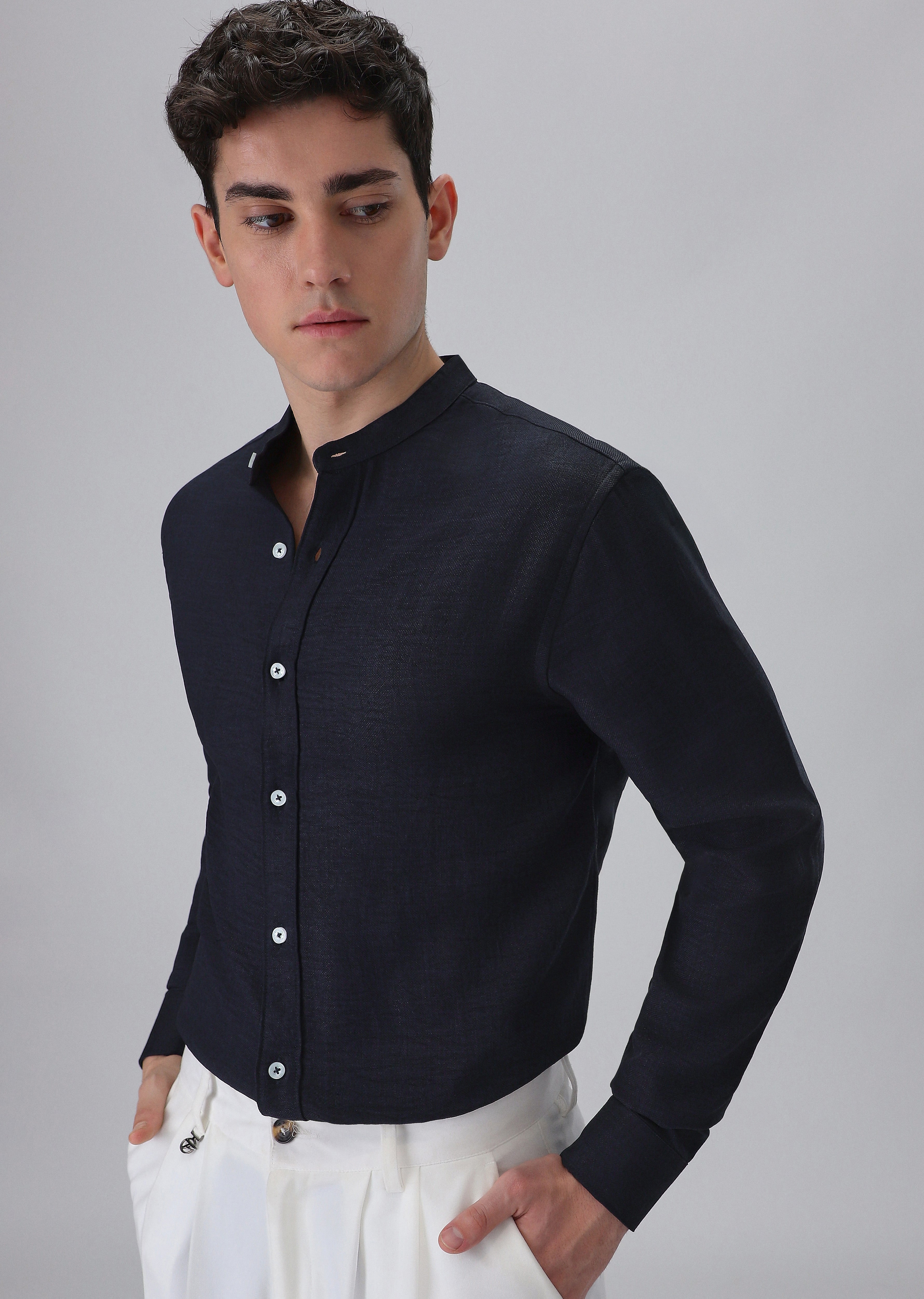 Dark Blue Plain Mandarin Collar Shirt