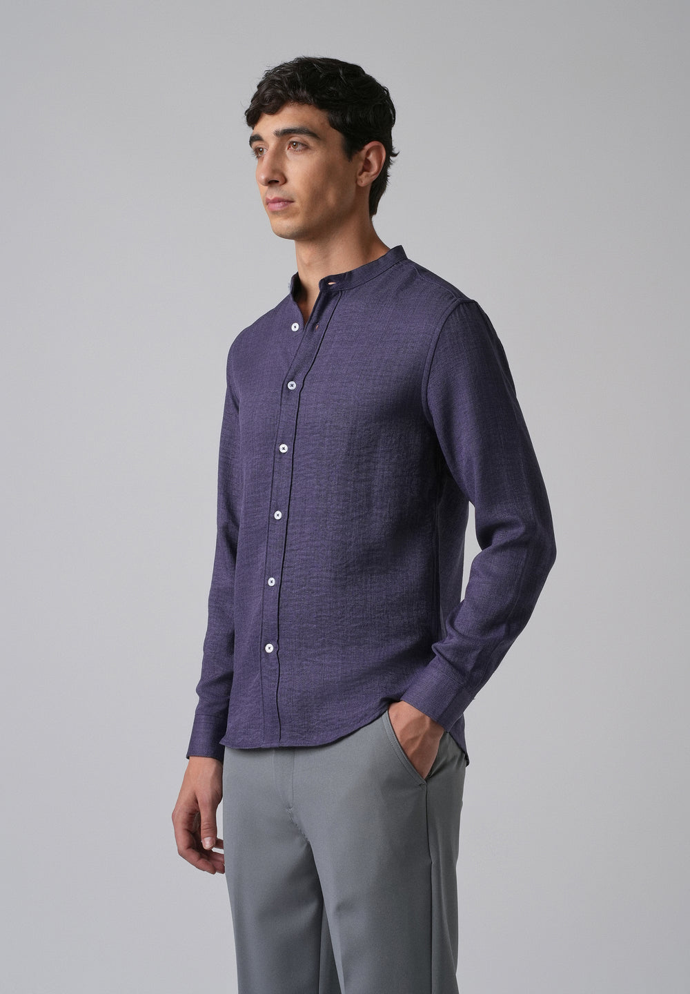 Dark Blue Plain Mandarin Collar Shirt