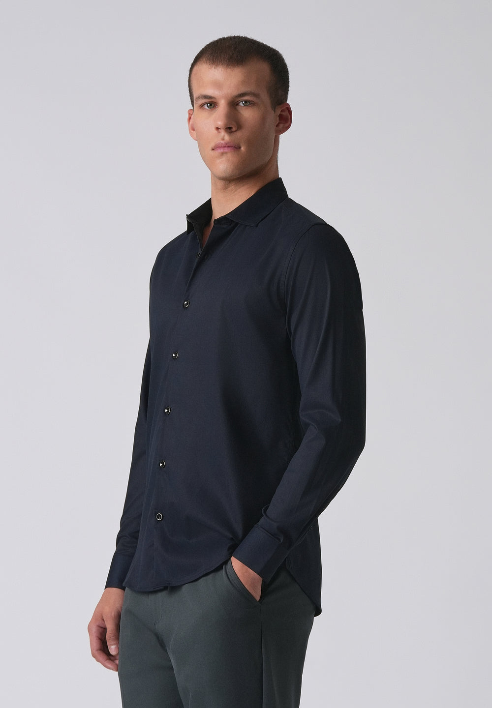 Dark Blue Cotton Stretch Plain Shirt