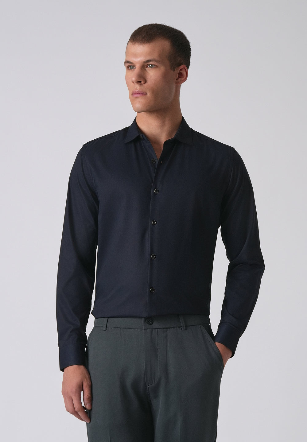 Dark Blue Cotton Stretch Plain Shirt