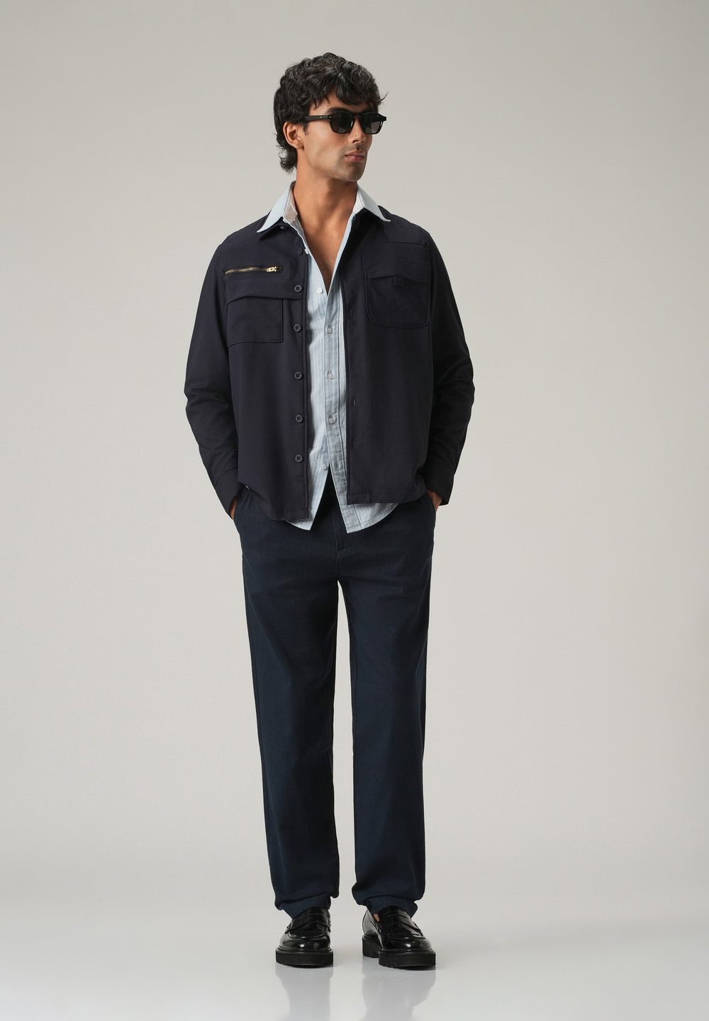 Dark Blue Linen-Look Cotton Trousers