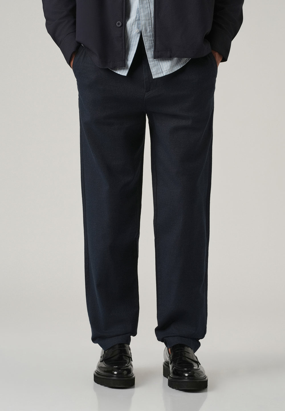Dark Blue Linen-Look Cotton Trousers