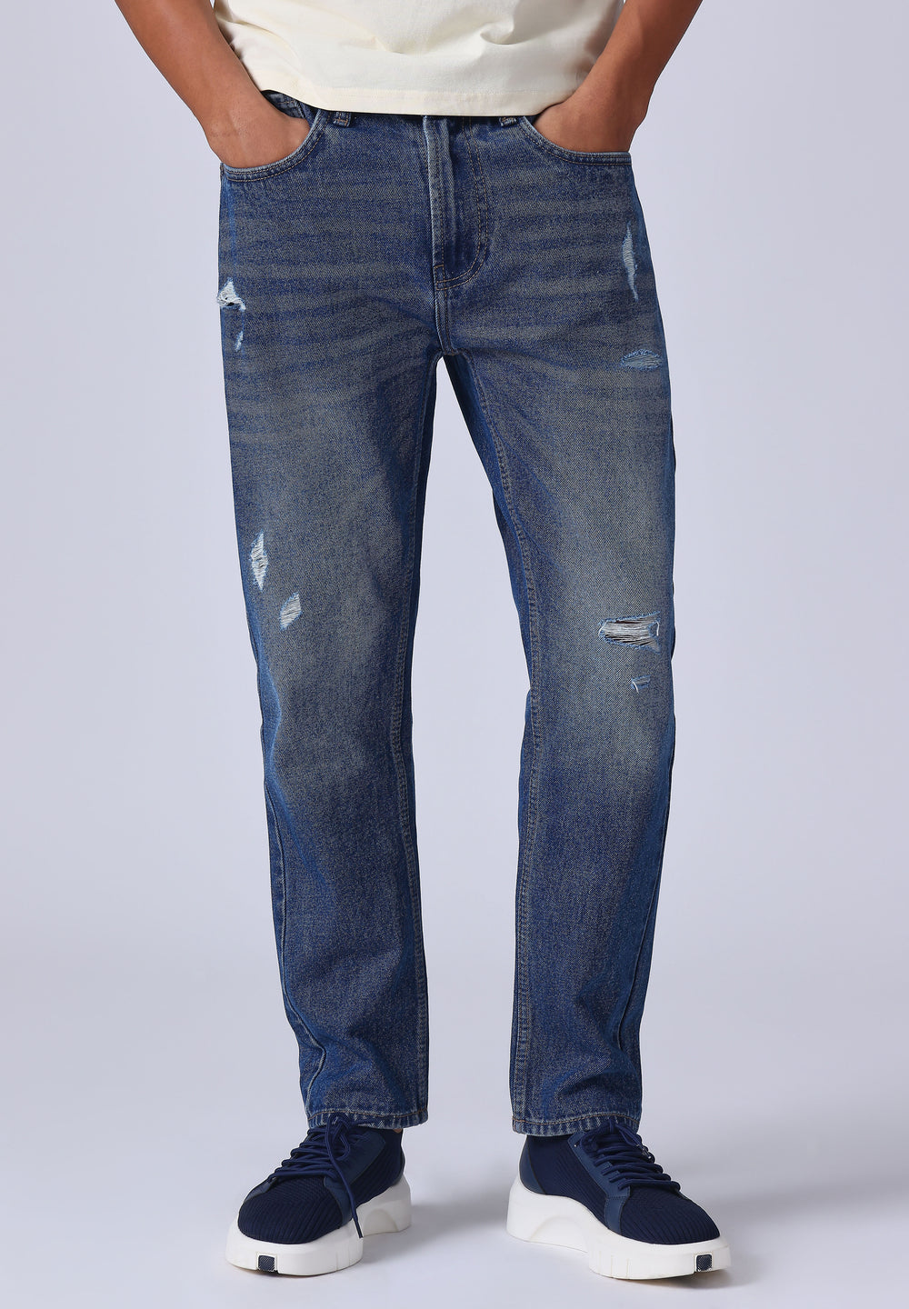 Dark Blue Ripped Carrot Fit Jeans