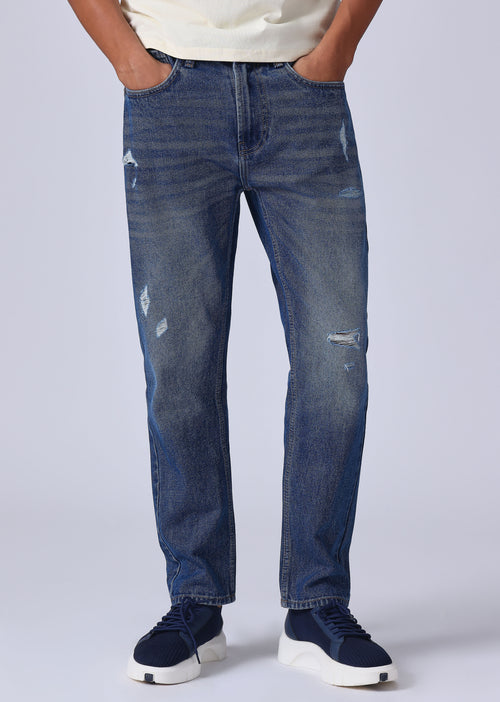 Dark Blue Ribbed Carrot Fit Jeans