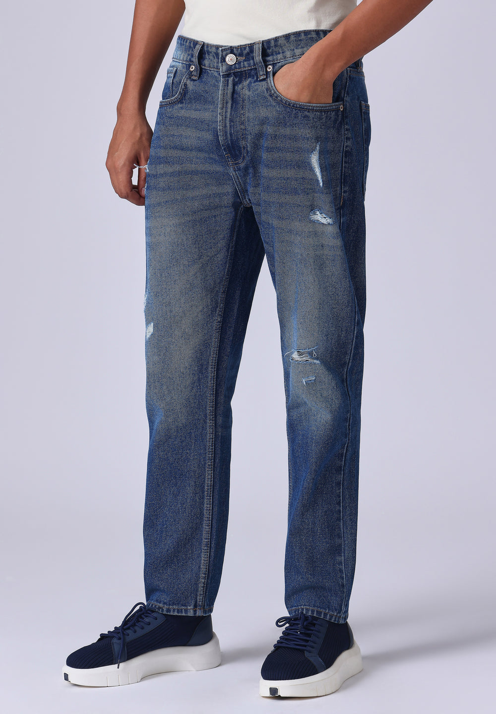 Dark Blue Ripped Carrot Fit Jeans