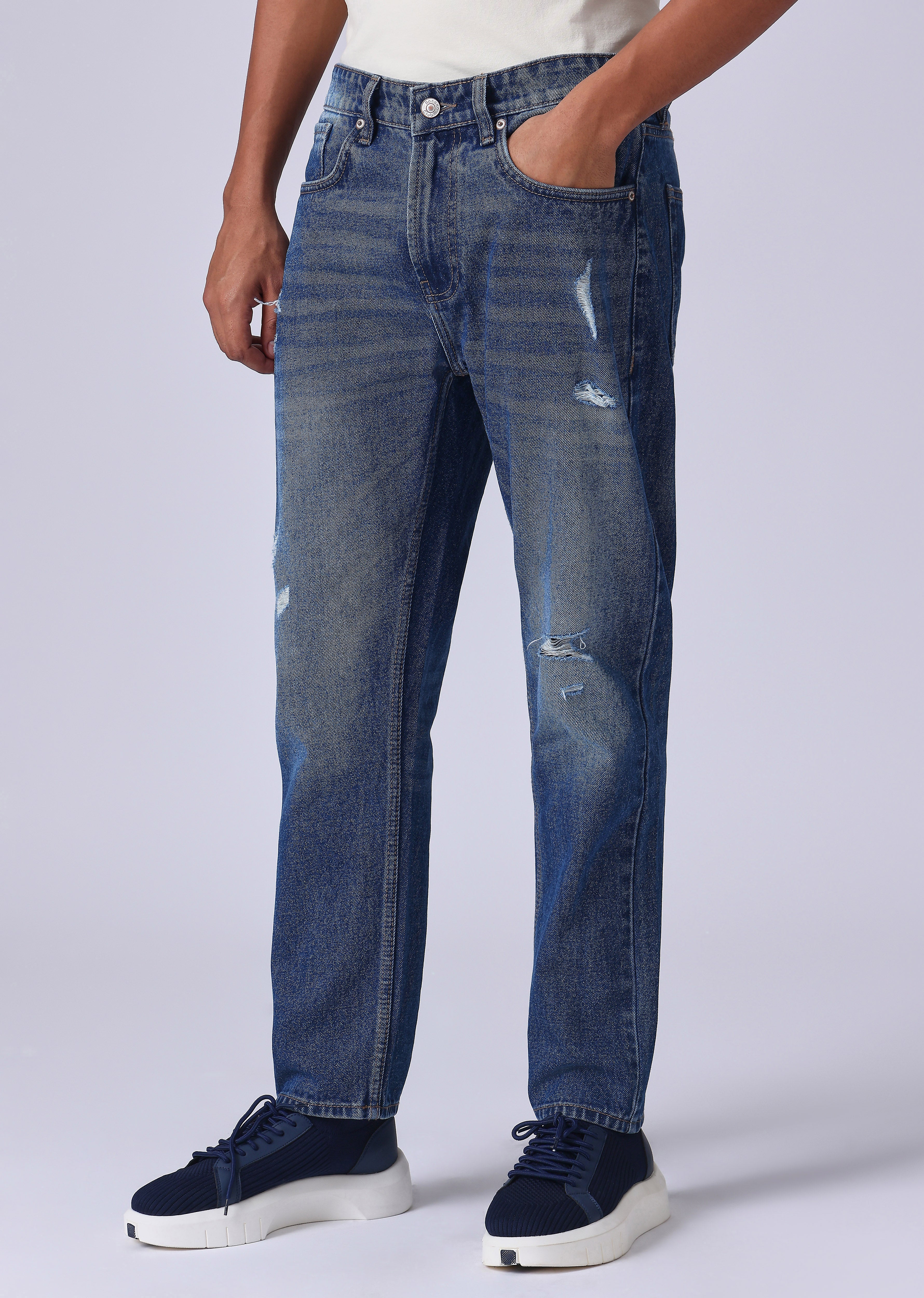 Dark Blue Ribbed Carrot Fit Jeans