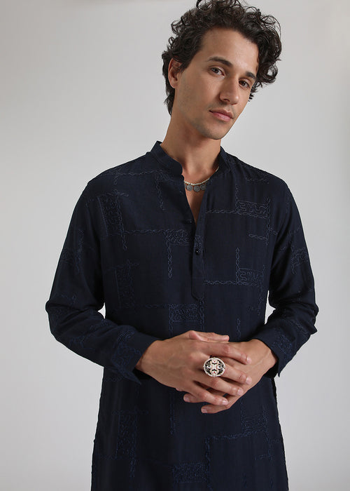 Dark Blue Self Embroidered Kurta