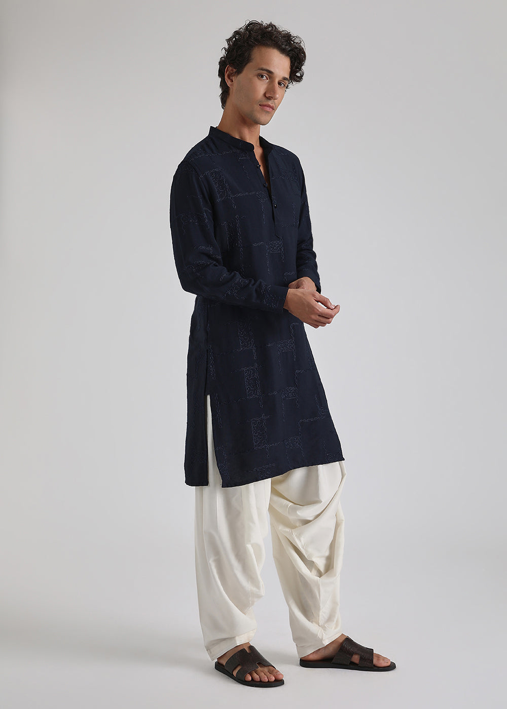 Dark Blue Self Embroidered Kurta